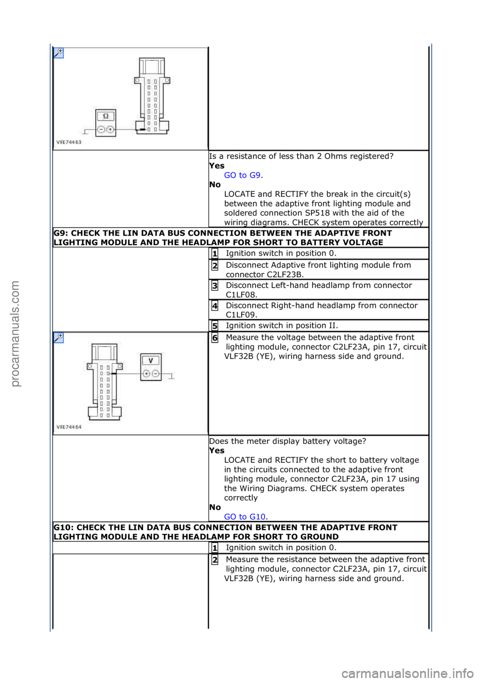FORD GALAXY 2006 Service Repair Manual Is\f\b\fresist\bnce\fof\fless\fth\bn\f2\fOhms\fregistered?\f
Yes\bGO\fto\fG9 .\f\f
No \b
L
OCATE\f\bnd\fRECTIFY\fthe\fbre\bk\fin\fthe\fcircuit(s)\f
between\fthe\f\bd\bptive\ffront\flighting\fmodule\f FORD GALAXY 2006 Service Repair Manual Is\f\b\fresist\bnce\fof\fless\fth\bn\f2\fOhms\fregistered?\f
Yes\bGO\fto\fG9 .\f\f
No \b
L
OCATE\f\bnd\fRECTIFY\fthe\fbre\bk\fin\fthe\fcircuit(s)\f
between\fthe\f\bd\bptive\ffront\flighting\fmodule\f