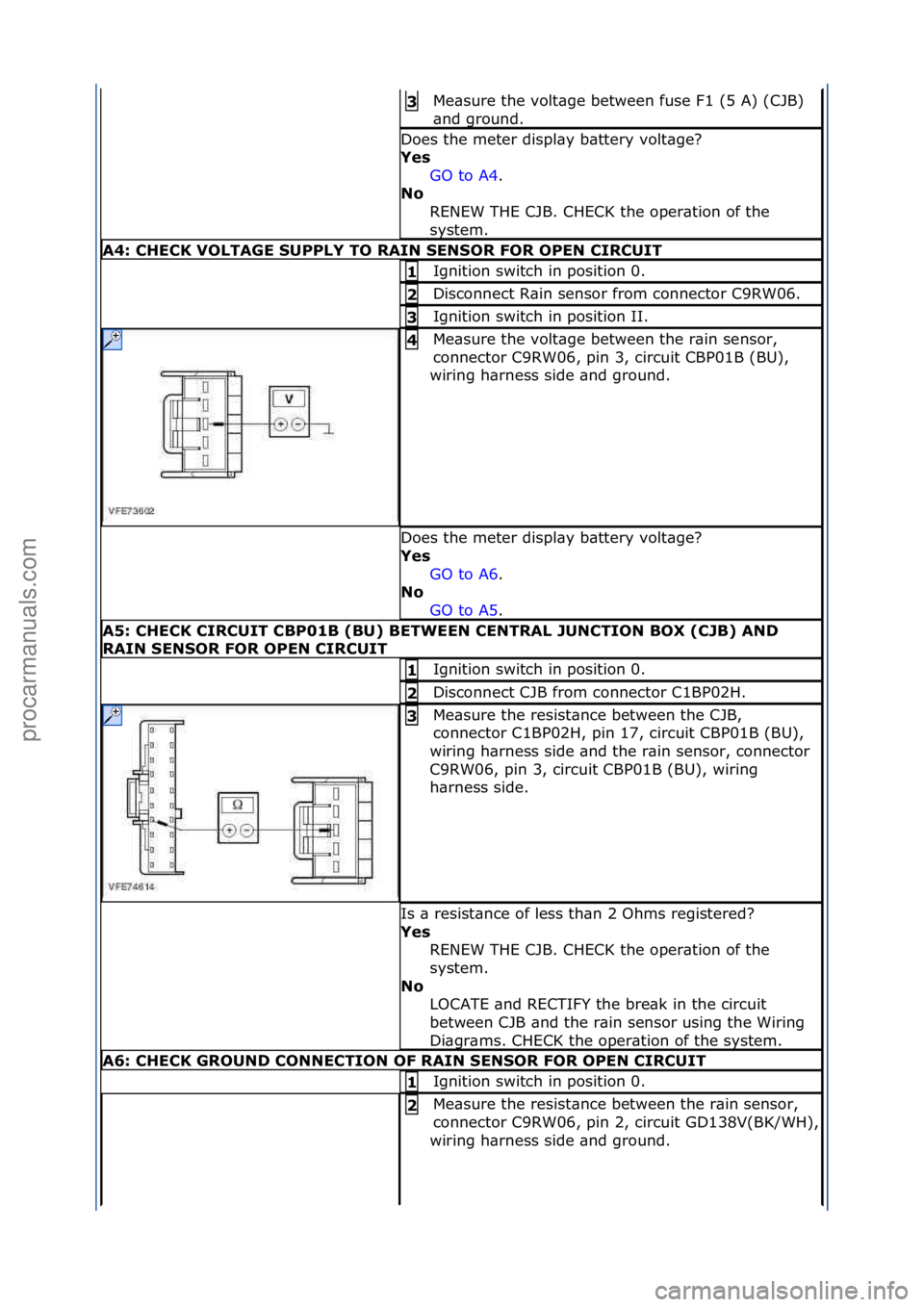 FORD GALAXY 2006  Service Repair Manual Me\bsure\fthe\fvolt\bge\fbetween\ffuse\fF1\f(5\fA)\f(CJB)\f
\bnd\fground.\f3\b
Does\fthe\fmeter\fdispl\by\fb\bttery\fvolt\bge?\f
Yes\bGO\fto\fA4.\f\f
No\b
R

ENEW\fTHE\fCJB.\fCHECK\fthe\foper\btion\fo