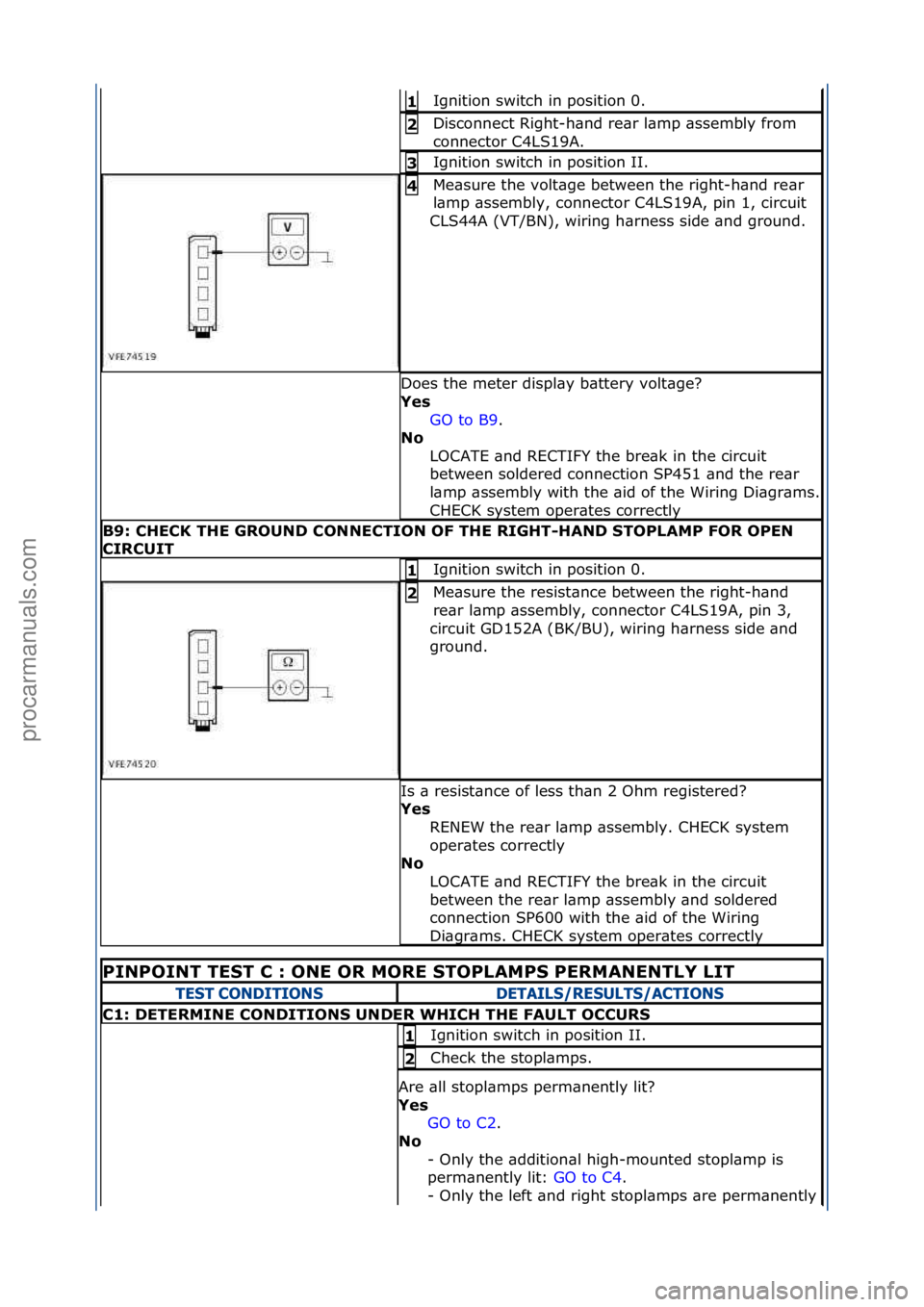 FORD GALAXY 2006  Service Repair Manual Ignition\fswitch\fin\fposition\f0.\f1\b
Disconnect\fRight-h\bnd\fre\br\fl\bmp\f\bssembly\ffrom\f
connector\fC4LS19A.\f2\b
Ignition\fswitch\fin\fposition\fII.\f3\b
Me\bsure\fthe\fvolt\bge\fbetween\fthe