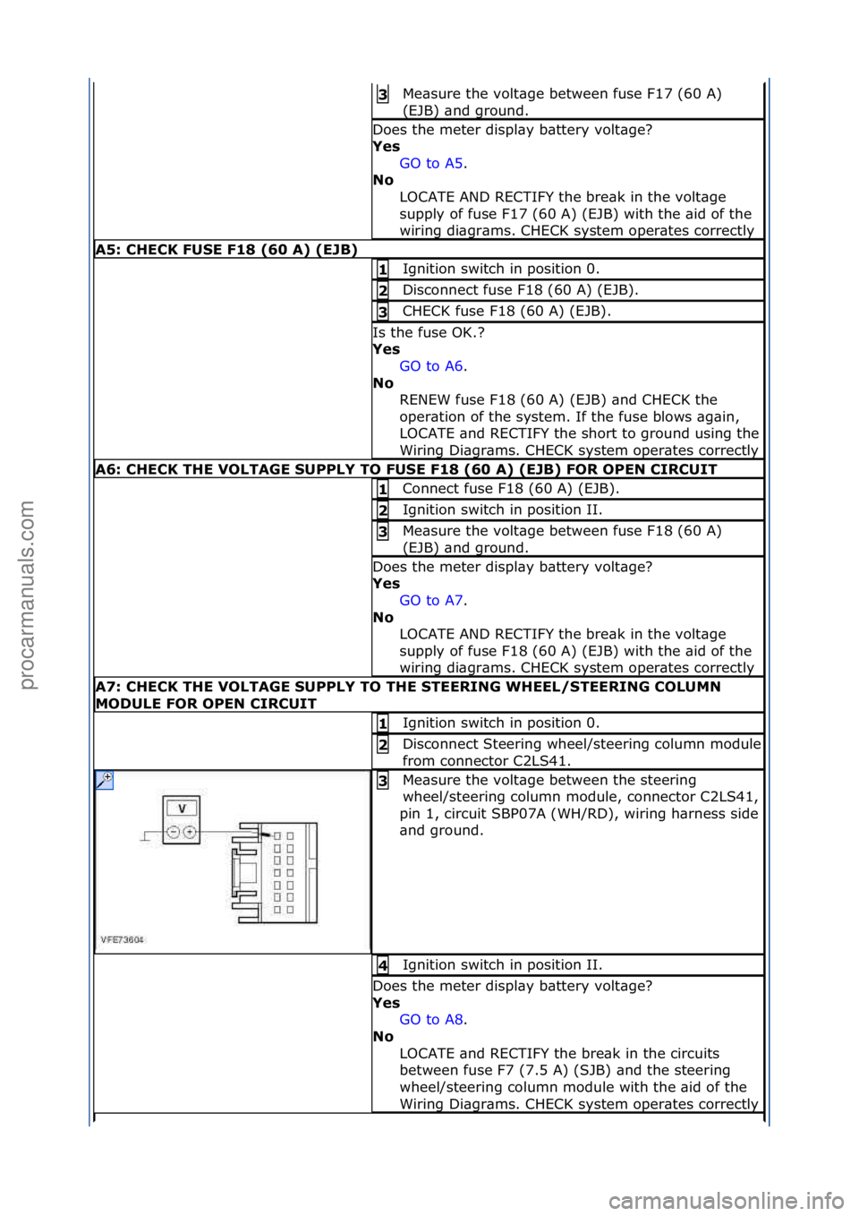 FORD GALAXY 2006  Service Repair Manual Me\bsure\fthe\fvolt\bge\fbetween\ffuse\fF17\f(60\fA)\f
(EJB)\f\bnd\fground.\f3\b
Does\fthe\fmeter\fdispl\by\fb\bttery\fvolt\bge?\f
Yes\bGO\fto\fA5.\f\f
No\b
L

OCATE\fAND\fRECTIFY\fthe\fbre\bk\fin\fth