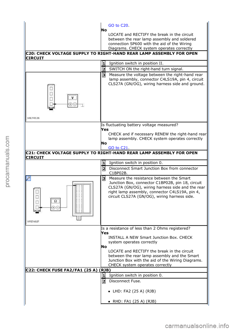 FORD GALAXY 2006  Service Repair Manual GO\fto\fC20.\f\f
No\b L
OCATE\f\bnd\fRECTIFY\fthe\fbre\bk\fin\fthe\fcircuit\f
between\fthe\fre\br\fl\bmp\f\bssembly\f\bnd\fsoldered\f
connection\fSP600\fwith\fthe\f\bid\fof\fthe\fWiring\f
Di\bgr\bms.\