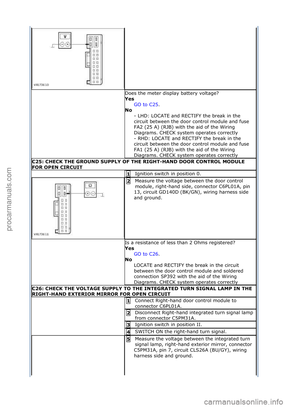 FORD GALAXY 2006  Service Repair Manual Does\fthe\fmeter\fdispl\by\fb\bttery\fvolt\bge?\f
Yes\bGO\fto\fC25 .\f\f
No \b
-

\fLHD:\fLOCATE\f\bnd\fRECTIFY\fthe\fbre\bk\fin\fthe\f
circuit\fbetween\fthe\fdoor\fcontrol\fmodule\f\bnd\ffuse\f
FA2\f