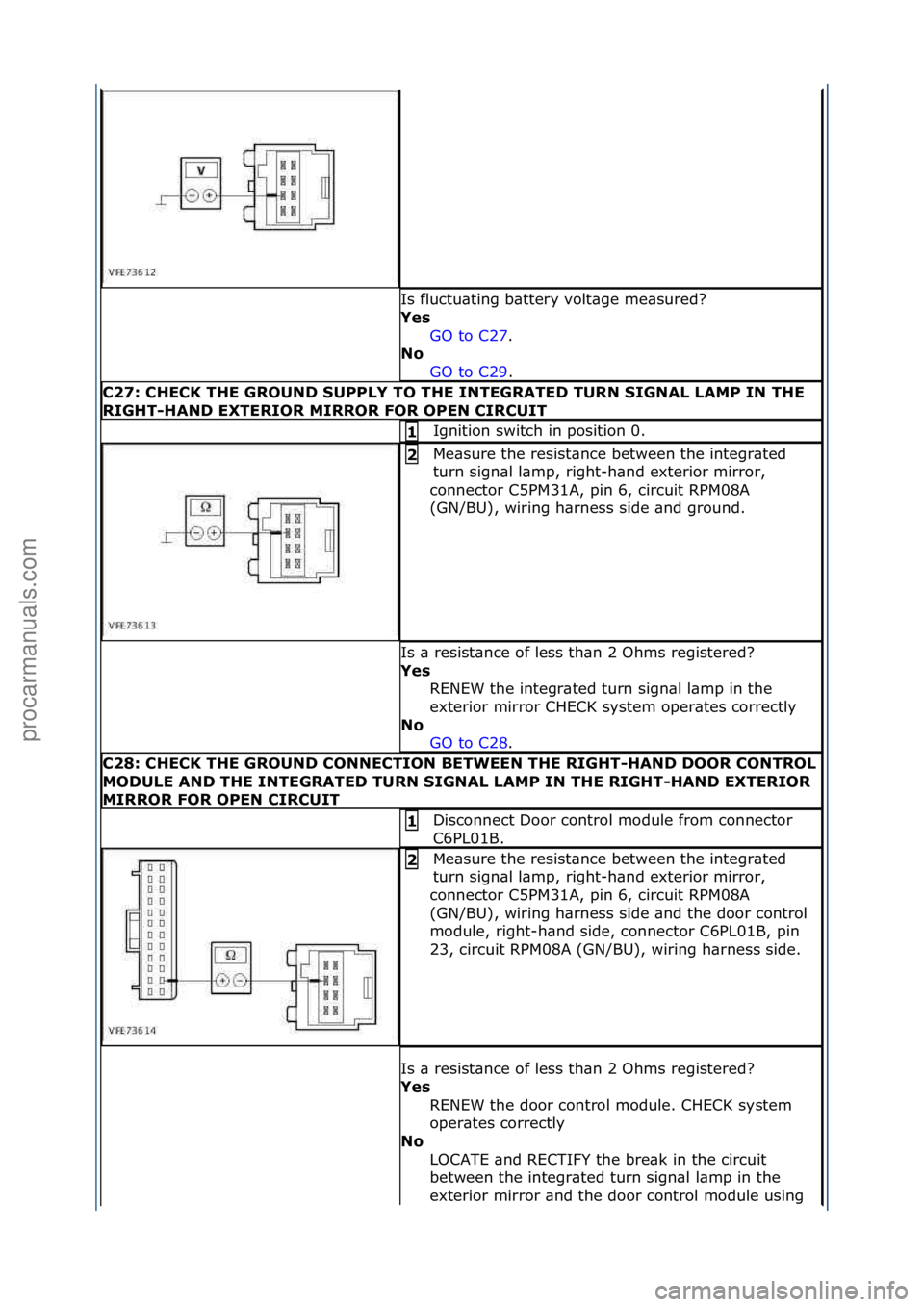 FORD GALAXY 2006  Service Repair Manual Is\ffluctu\bting\fb\bttery\fvolt\bge\fme\bsured?\f
Yes\bGO\fto\fC27 .\f\f
No \b
GO

\fto\fC29 .\f\f
C27:\bCHECK\bTHE\bGROUND\bSUPPLY\bTO\bTHE\bINTEGRATED\bTURN\bSIGNAL\bLAMP\bIN\bTHE\b
RIGHT-HAND\bEXT