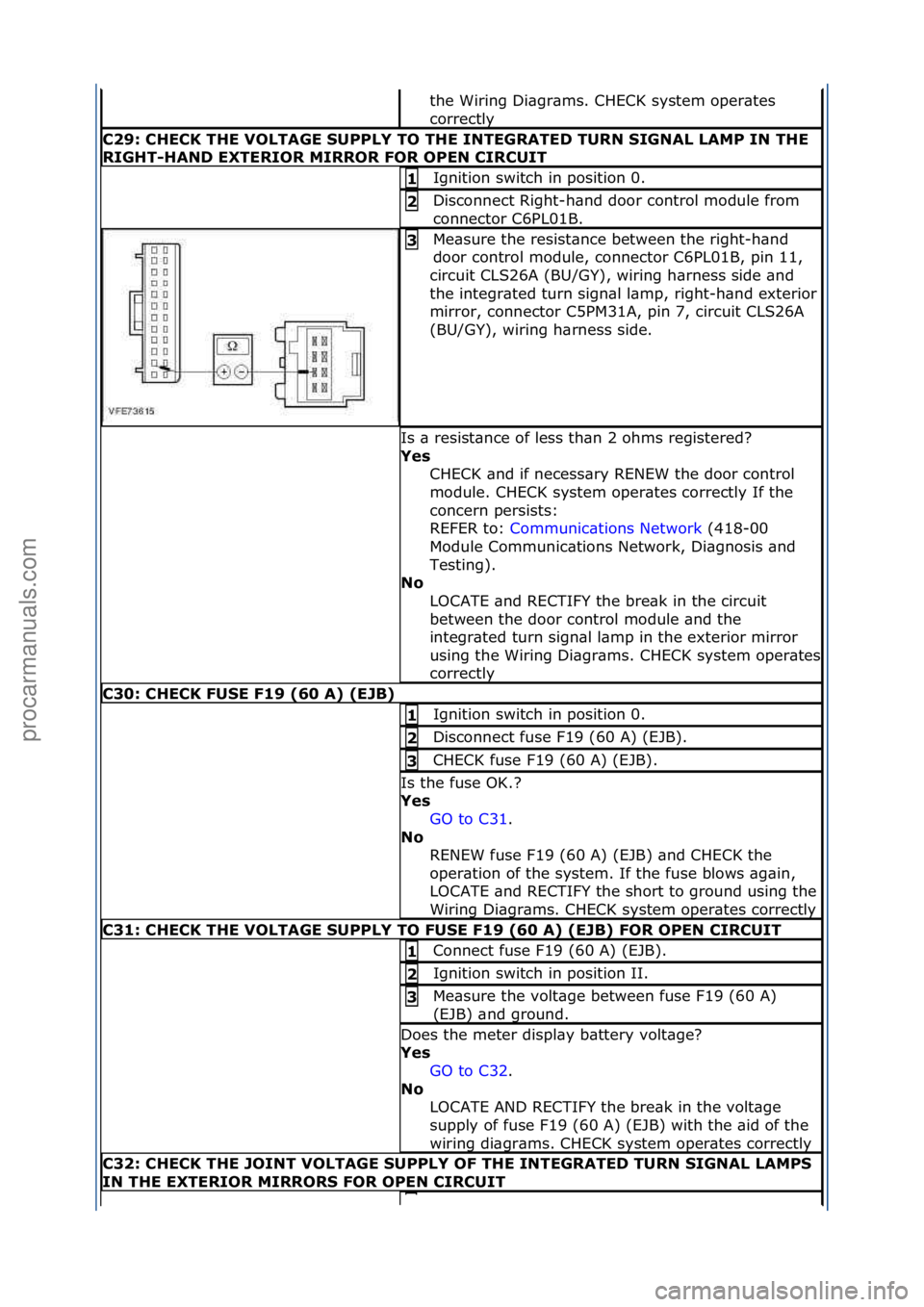 FORD GALAXY 2006  Service Repair Manual the\fWiring\fDi\bgr\bms.\fCHECK\fsystem\foper\btes\f
correctly\f
C29:\bCHECK\bTHE\bVOLTAGE\bSUPPLY\bTO\bTHE\bINTEGRATED\bTURN\bSIGNAL\bLAMP\bIN\bTHE\b
RIGHT-HAND\bEXTERIOR\bMIRROR\bFOR\bOPEN\bCIRCUIT
