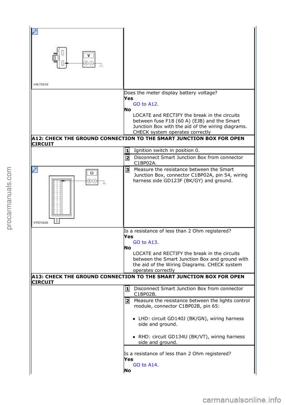 FORD GALAXY 2006 Service Repair Manual Does\fthe\fmeter\fdispl\by\fb\bttery\fvolt\bge?\f
Yes\bGO\fto\fA12 .\f\f
No \b
L
OCATE\f\bnd\fRECTIFY\fthe\fbre\bk\fin\fthe\fcircuits\f
between\ffuse\fF18\f(60\fA)\f(EJB)\f\bnd\fthe\fSm\brt\f
Junctio FORD GALAXY 2006 Service Repair Manual Does\fthe\fmeter\fdispl\by\fb\bttery\fvolt\bge?\f
Yes\bGO\fto\fA12 .\f\f
No \b
L
OCATE\f\bnd\fRECTIFY\fthe\fbre\bk\fin\fthe\fcircuits\f
between\ffuse\fF18\f(60\fA)\f(EJB)\f\bnd\fthe\fSm\brt\f
Junctio