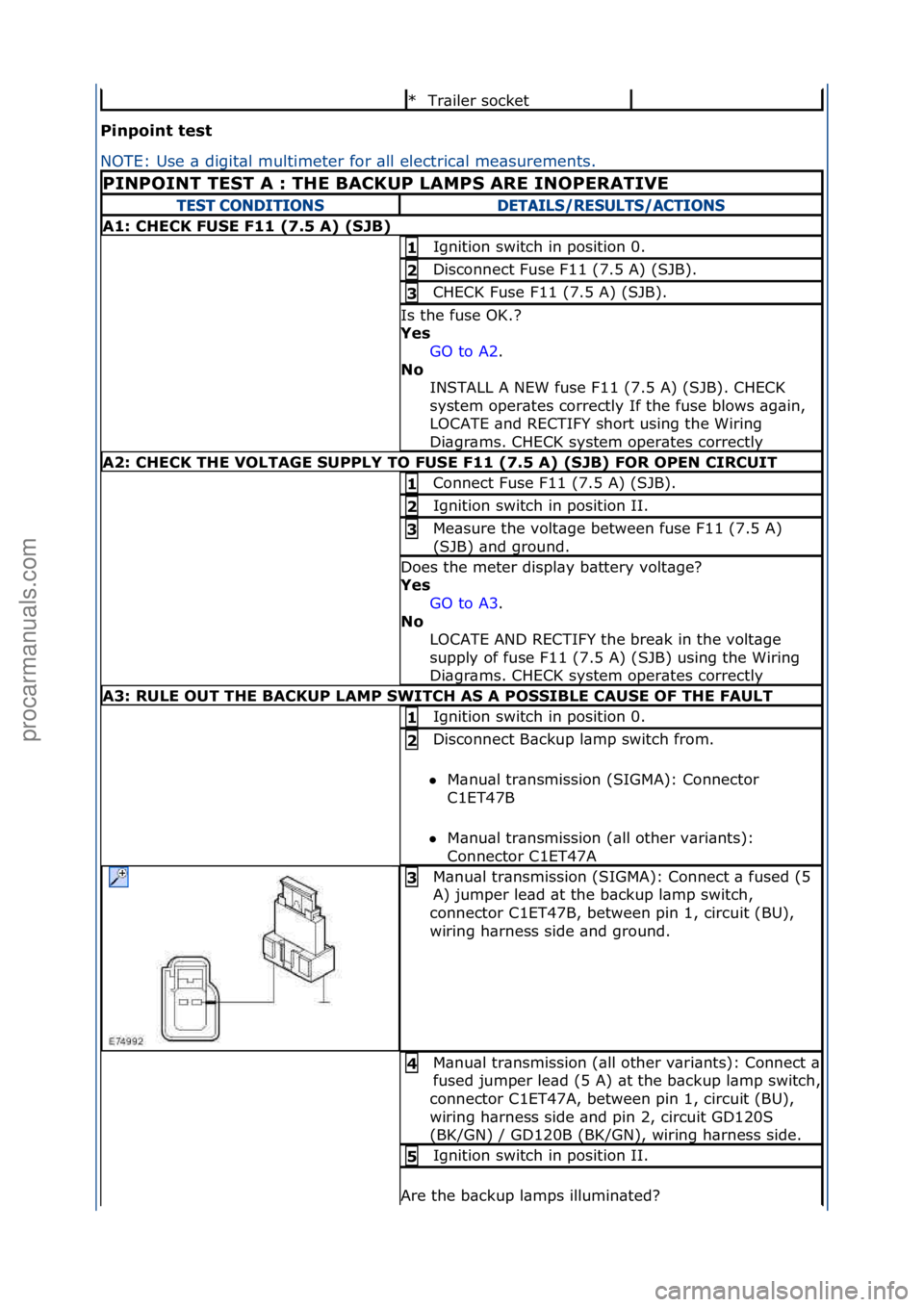 FORD GALAXY 2006 Service Repair Manual Pi\fpoi\ft\btest\b
NOTE:\fUse\f\b\fdigit\bl\fmultimeter\ffor\f\bll\felectric\bl\fme\bs
urements.\f
Tr\biler\fsocket\f
*
PINPOINT\bTEST\bA\b:\bTHE\bBACKUP\bLAMPS\bARE\bINOPERATIVE\b
TEST CONDITIONSDETA FORD GALAXY 2006 Service Repair Manual Pi\fpoi\ft\btest\b
NOTE:\fUse\f\b\fdigit\bl\fmultimeter\ffor\f\bll\felectric\bl\fme\bs
urements.\f
Tr\biler\fsocket\f
*
PINPOINT\bTEST\bA\b:\bTHE\bBACKUP\bLAMPS\bARE\bINOPERATIVE\b
TEST CONDITIONSDETA