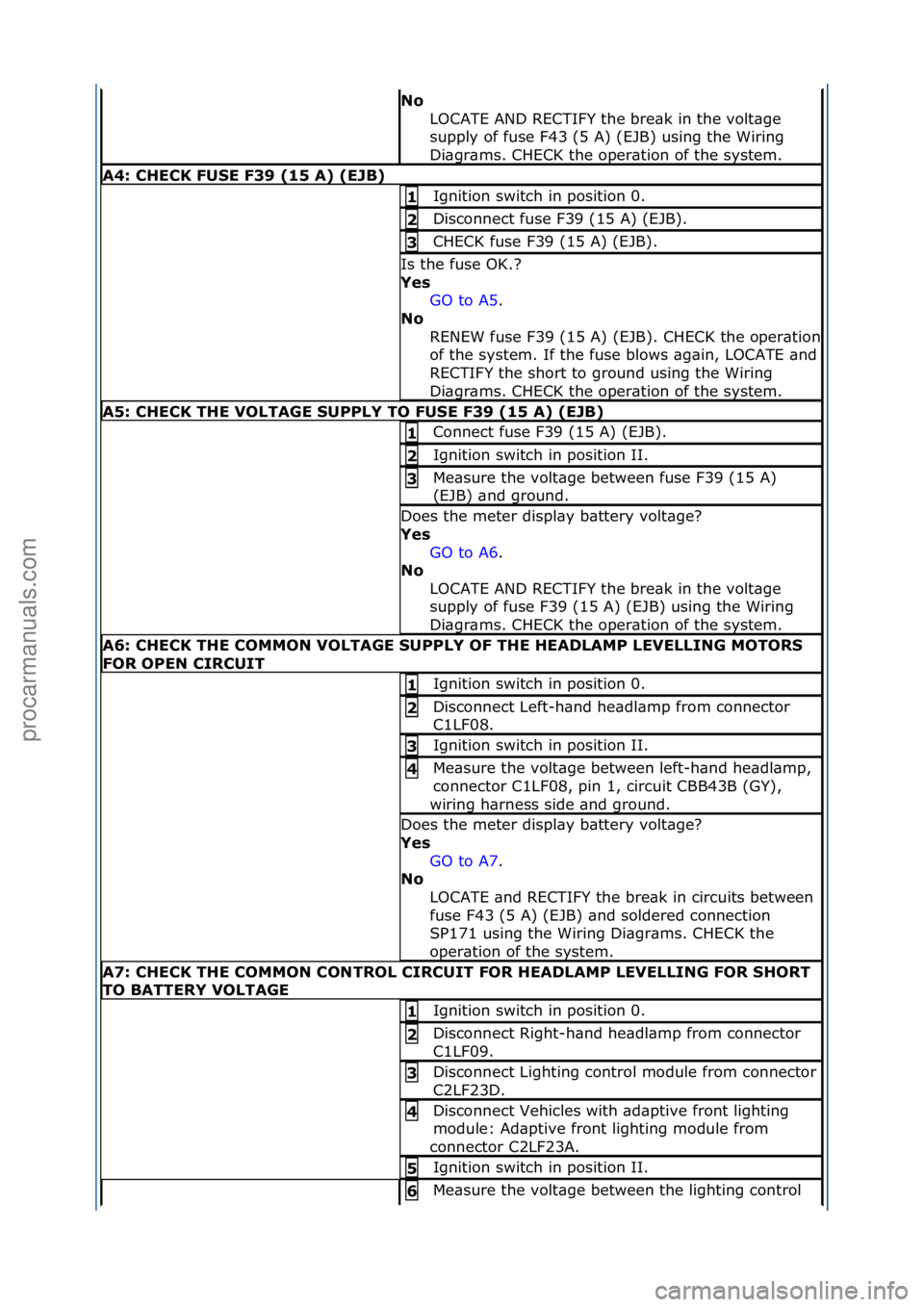 FORD GALAXY 2006  Service Repair Manual No\bLOCATE\fAND\fRECTIFY\fthe\fbre\bk\fin\fthe\fvolt\bge\f
supply\fof\ffuse\fF43\f(5\fA)\f(EJB)\fusing\fthe\fWiring\f
Di\bgr\bms.\fCHECK\fthe\foper\btion\fof\fthe\fsystem.\f
A4:\bCHECK\bFUSE\bF39\b(15