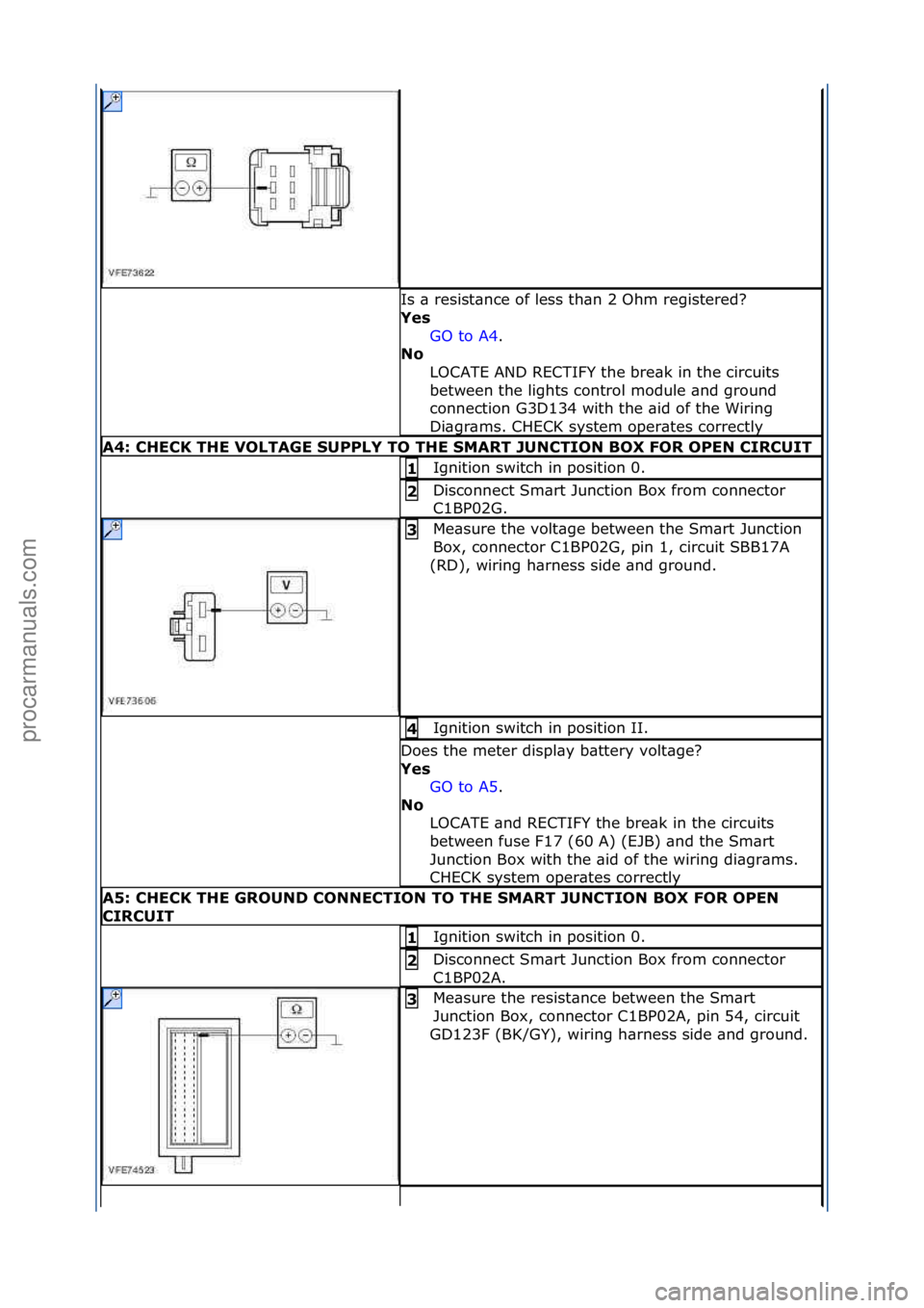 FORD GALAXY 2006  Service Repair Manual Is\f\b\fresist\bnce\fof\fless\fth\bn\f2\fOhm\fregistered?\f
Yes\bGO\fto\fA4.\f\f
No \b
L

OCATE\fAND\fRECTIFY\fthe\fbre\bk\fin\fthe\fcircuits\f
between\fthe\flights\fcontrol\fmodule\f\bnd\fground\f
co