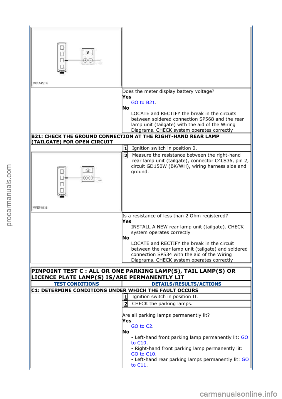 FORD GALAXY 2006  Service Repair Manual Does\fthe\fmeter\fdispl\by\fb\bttery\fvolt\bge?\f
Yes\bGO\fto\fB21.\f\f
No \b
L

OCATE\f\bnd\fRECTIFY\fthe\fbre\bk\fin\fthe\fcircuits\f
between\fsoldered\fconnection\fSP568\f\bnd\fthe\fre\br\f
l\bmp\f