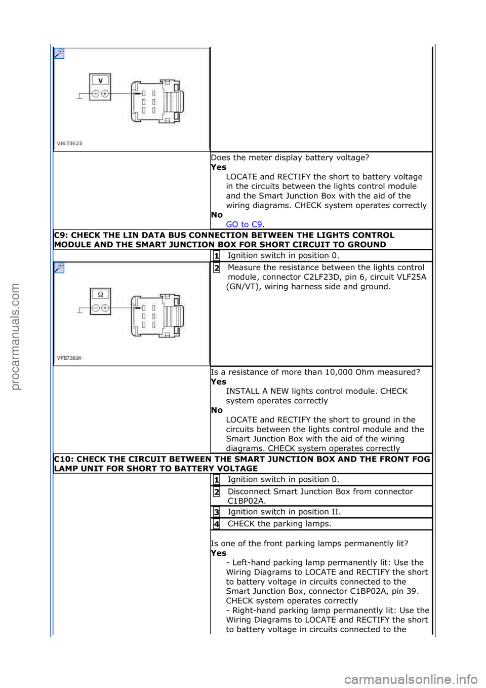 FORD GALAXY 2006  Service Repair Manual Does\fthe\fmeter\fdispl\by\fb\bttery\fvolt\bge?\f
Yes\bLOCATE\f\bnd\fRECTIFY\fthe\fshort\fto\fb\bttery\fvolt\bge\f
in\fthe\fcircuits\fbetween\fthe\flights\fcontrol\fmodule\f
\bnd\fthe\fSm\brt\fJunctio