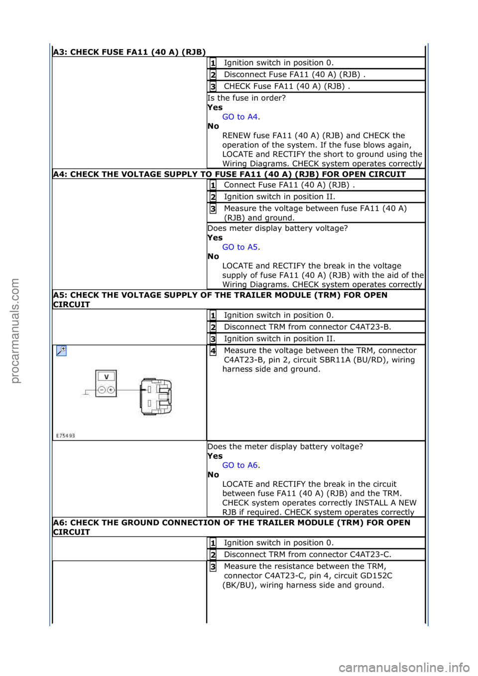 FORD GALAXY 2006  Service Repair Manual A3:\bCHECK\bFUSE\bFA11\b(40\bA)\b(RJB)\b
Ignition\fswitch\fin\fposition\f0.\f1\b
Disconnect\fFuse\fFA11\f(40\fA)\f(RJB)\f.\f2\b
CHECK\fFuse\fFA11\f(40\fA)\f(RJB)\f.\f3\b
Is\fthe\ffuse\fin\forder?\f
Ye