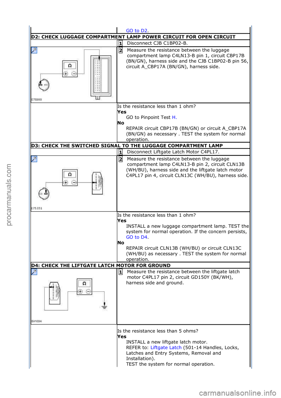 FORD GALAXY 2006  Service Repair Manual GO\fto\fD2.\f\f
D2:\bCHECK\bLUGGAGE\bCOMPARTMENT\bLAMP\bPOWER\bCIRCUIT\bFOR\bOPEN\bCIRCUIT
Disconnect\fCJB\fC1BP02-B.\f1\b
Me\bsure\fthe\fresist\bnce\fbetween\fthe\flugg\bge\f
comp\brtment\fl\bmp\fC4L