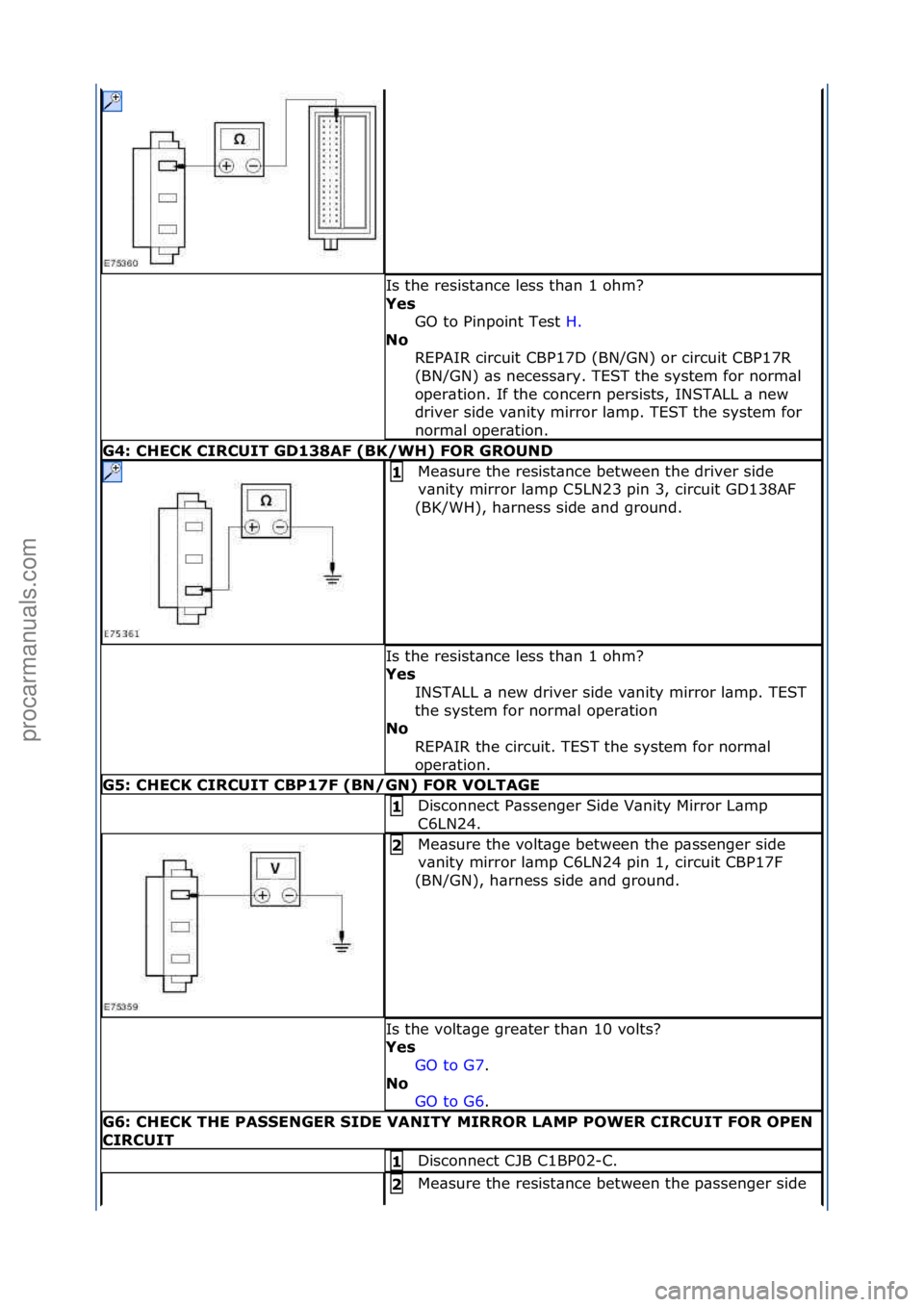 FORD GALAXY 2006  Service Repair Manual Is\fthe\fresist\bnce\fless\fth\bn\f1\fohm?\f
Yes\bGO\fto\fPinpoint\fTest\f H.\f\f
No\b R

EPAIR\fcircuit\fCBP17D\f(BN/GN)\for\fcircuit\fCBP17R\f
(BN/GN)\f\bs\fnecess\bry.\fTEST\fthe\fsystem\ffor\fnorm