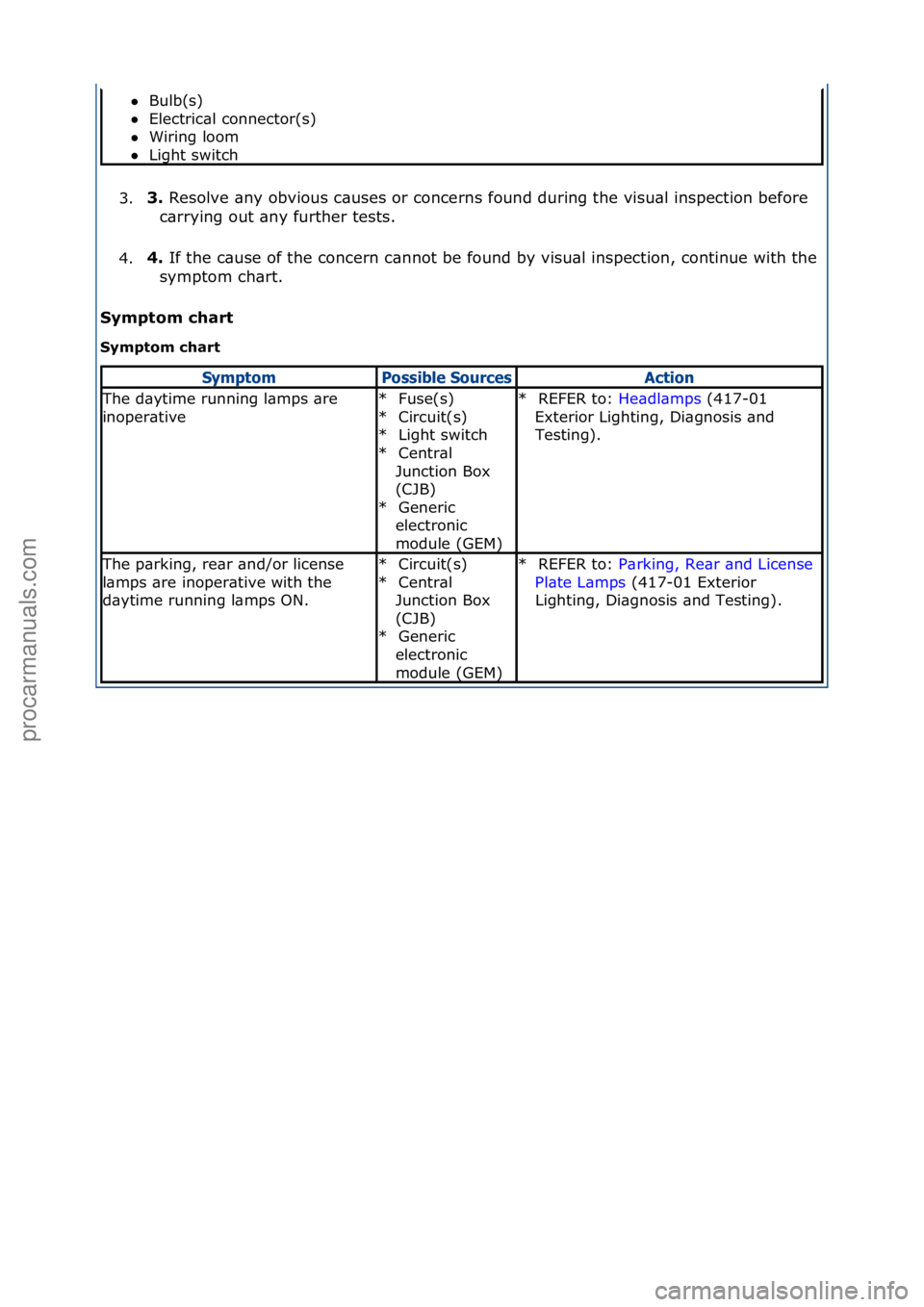 FORD GALAXY 2006  Service Repair Manual 3.3.\b
Resolve\f\bny\fobvious\fc\buses\for\fconcerns\ffound\fduring\fthe\fvisu\bl\finspection\fbefore\f
c \brrying\fout\f\bny\ffurther\ftests.\f
4. 4.\b
If\fthe\fc\buse\fof\fthe\fconcern\fc\bnnot\fbe\