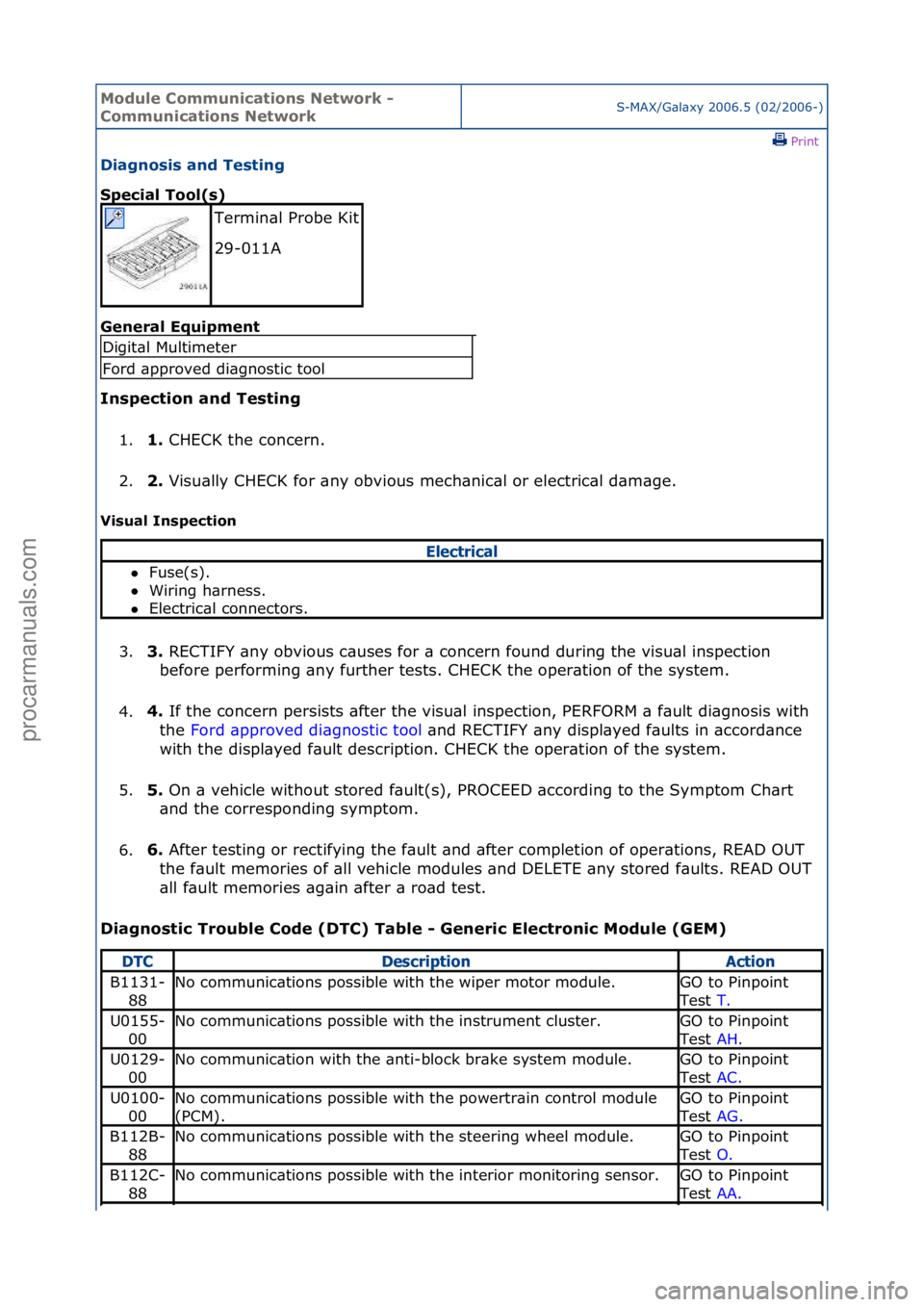 FORD GALAXY 2006  Service Repair Manual Module \bommuni\fations Network - 
\bommuni\fations NetworkS-MAX/G\bl\bxy\f2006.5\f(02/2006-)\fPrint \f
Diagnosis and Testing 
Spe\fial Tool(s) 
Gen

eral Equipment 
Inspe\ftion and Testing  1. 1. 
CH