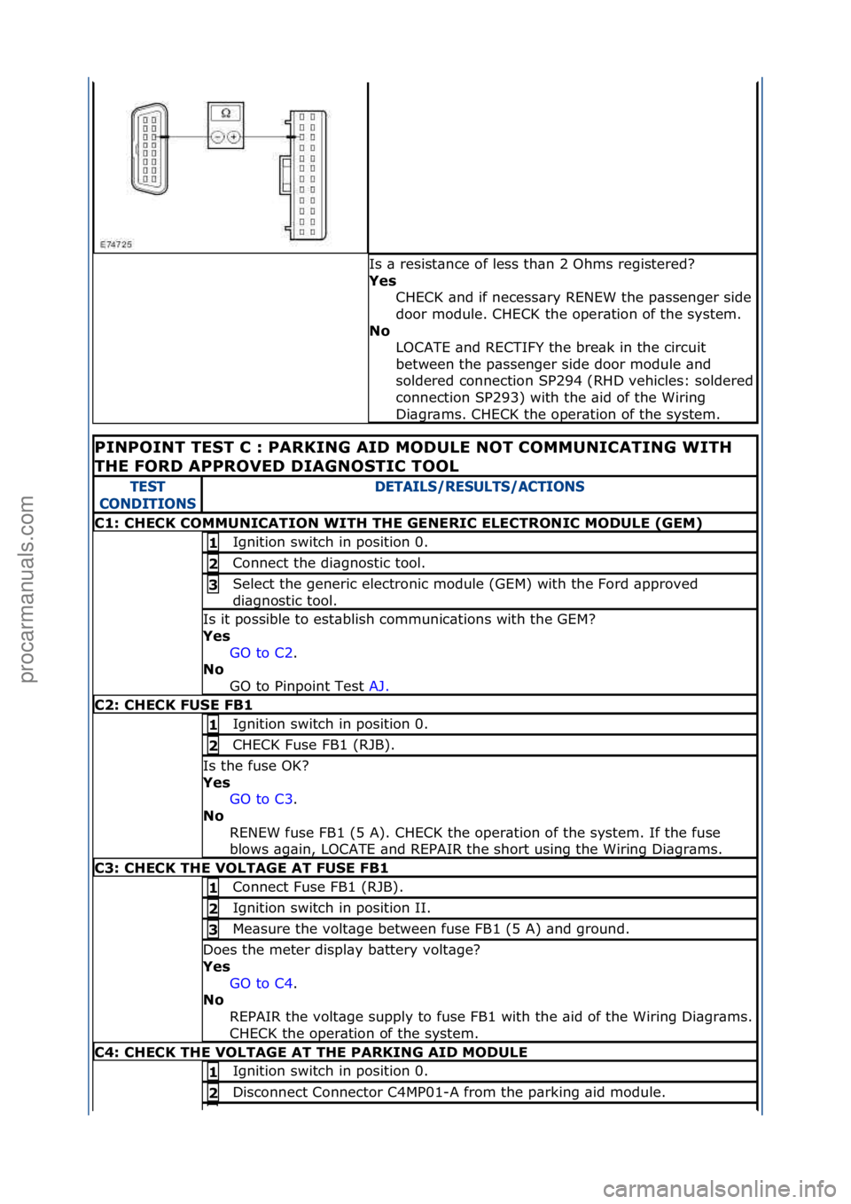 FORD GALAXY 2006  Service Repair Manual Is\f\b\fresist\bnce\fof\fless\fth\bn\f2\fOhms\fregistered?\f
Yes CHECK\f\bnd\fif\fnecess\bry\fRENEW\fthe\fp\bssenger\fside\f
door\fmodule.\fCHECK\fthe\foper\btion\fof\fthe\fsystem.\f
No  LOCATE\f\bnd\