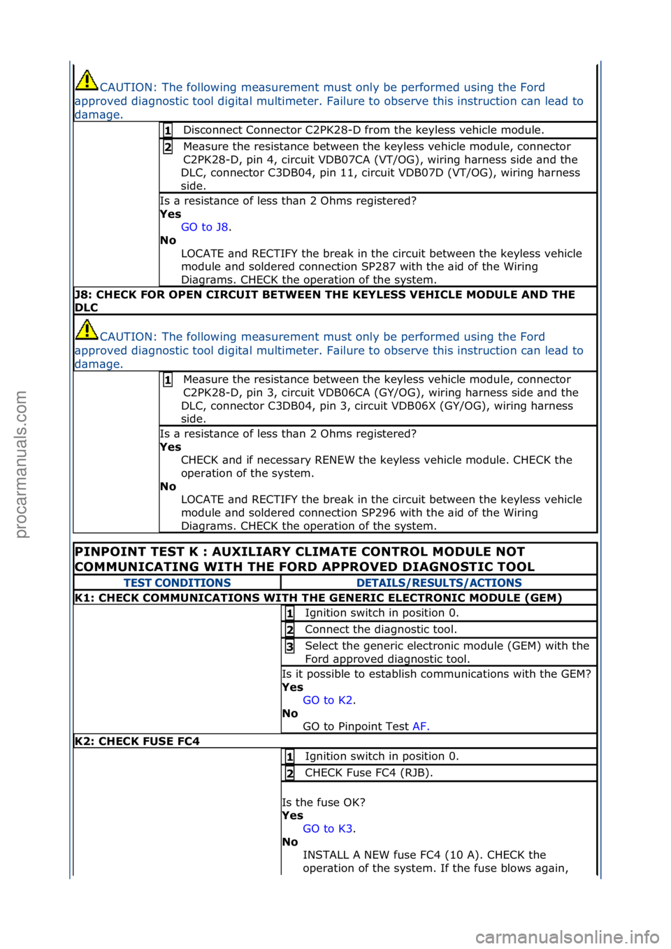 FORD GALAXY 2006  Service Repair Manual CAUTION:\fThe\ffollowing\fme\bsurement\fmust\fonly\fbe\fperformed\fusing\fthe\fFord\f
\bpproved\fdi\bgnostic\ftool\fdigit\bl\fmultimeter.\fF\bilure\fto\fobserve\fthis\finstruction\fc\bn\fle\bd\fto\f
d