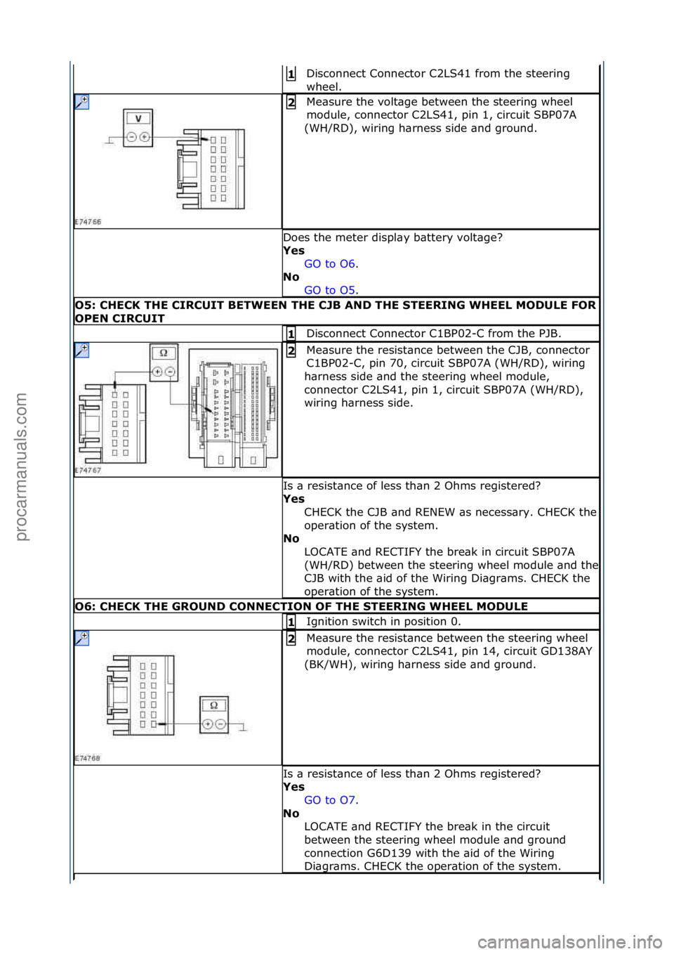 FORD GALAXY 2006  Service Repair Manual Disconnect\fConnector\fC2LS41\ffrom\fthe\fsteering\f
wheel.\f1 
Me\bsure\fthe\fvolt\bge\fbetween\fthe\fsteering\fwheel\f
module,\fconnector\fC2LS41,\fpin\f1,\fcircuit\fSBP07A\f
(WH/RD),\fwiring\fh\brn