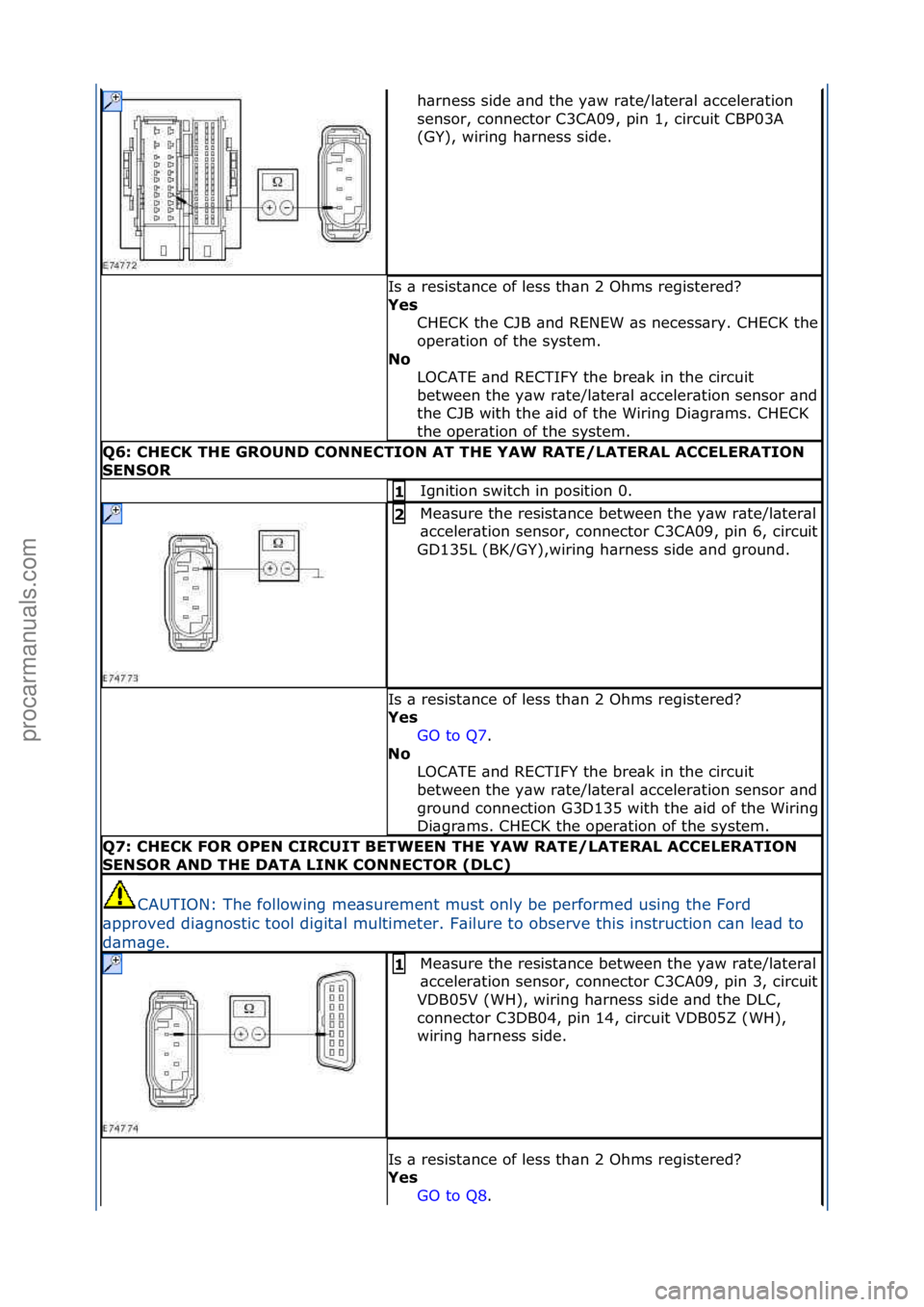 FORD GALAXY 2006  Service Repair Manual h\brness\fside\f\bnd\fthe\fy\bw\fr\bte/l\bter\bl\f\bcceler\btion\f
sensor,\fconnector\fC3CA09,\fpin\f1,\fcircuit\fCBP03A\f
(GY),\fwiring\fh\brness\fside.\f
Is\f\b\fresist\bnce\fof\fless\fth\bn\f2\fOhm