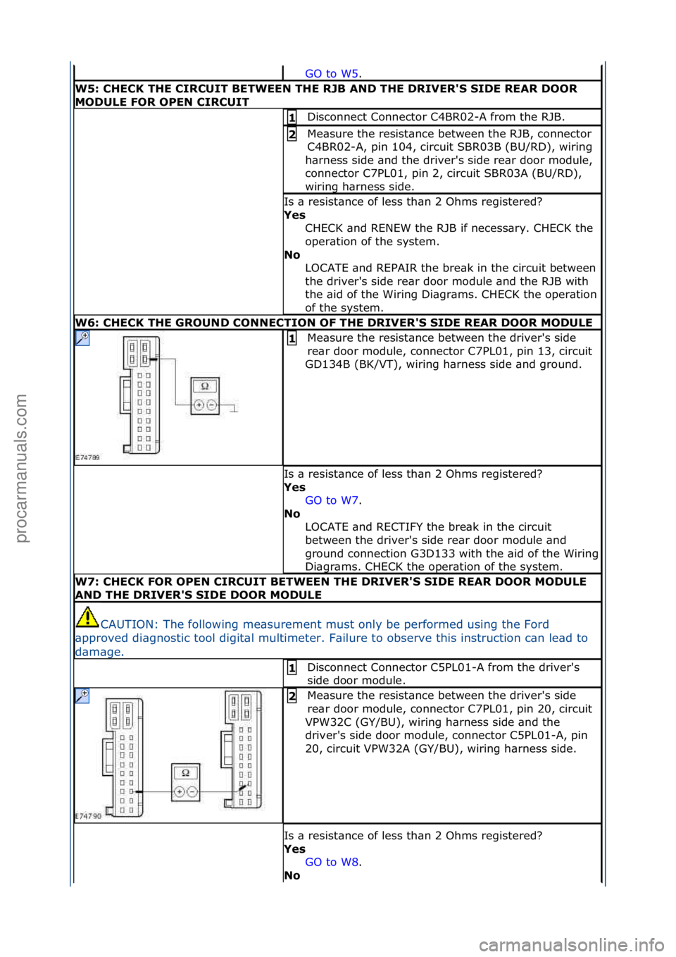 FORD GALAXY 2006 Service Repair Manual GO\fto\fW5.\f\f
W5: \bHE\bK THE \bIR\bUIT BETWEEN THE RJB AND THE DRIVER'S SIDE REAR DOOR
MODULE FOR OPEN \bIR\bUIT
Disconnect\fConnector\fC4BR02-A\ffrom\fthe\fRJB.\f1
Me\bsure\fthe\fresist\bnce FORD GALAXY 2006 Service Repair Manual GO\fto\fW5.\f\f
W5: \bHE\bK THE \bIR\bUIT BETWEEN THE RJB AND THE DRIVER'S SIDE REAR DOOR
MODULE FOR OPEN \bIR\bUIT
Disconnect\fConnector\fC4BR02-A\ffrom\fthe\fRJB.\f1
Me\bsure\fthe\fresist\bnce