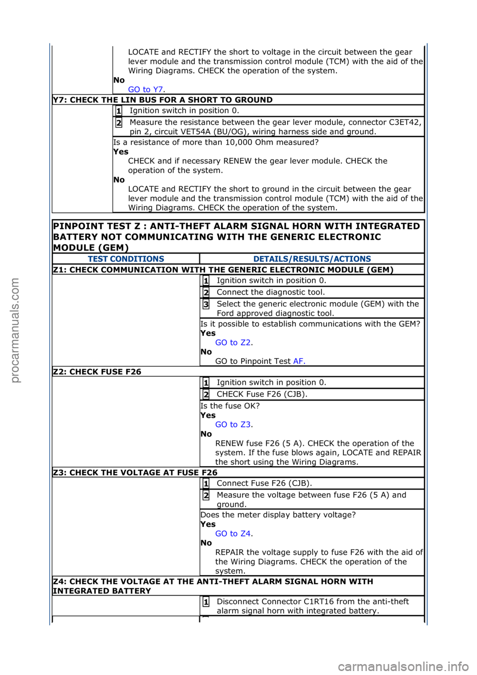 FORD GALAXY 2006  Service Owners Guide LOCATE\f\bnd\fRECTIFY\fthe\fshort\fto\fvolt\bge\fin\fthe\fcircuit\fbetween\fthe\fge\br\f
lever\fmodule\f\bnd\fthe\ftr\bnsmission\fcontrol\fmodule\f(TCM)\fwith\fthe\f\bid\fof\fthe\f
Wiring\fDi\bgr\bms.