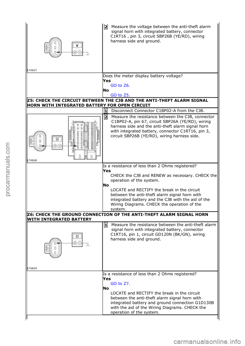 FORD GALAXY 2006  Service Owners Guide Me\bsure\fthe\fvolt\bge\fbetween\fthe\f\bnti-theft\f\bl\brm\f
sign\bl\fhorn\fwith\fintegr\bted\fb\bttery,\fconnector\f
C1RT16\f,\fpin\f3,\fcircuit\fSBP26B\f(YE/RD),\fwiring\f
h\brness\fside\f\bnd\fgro