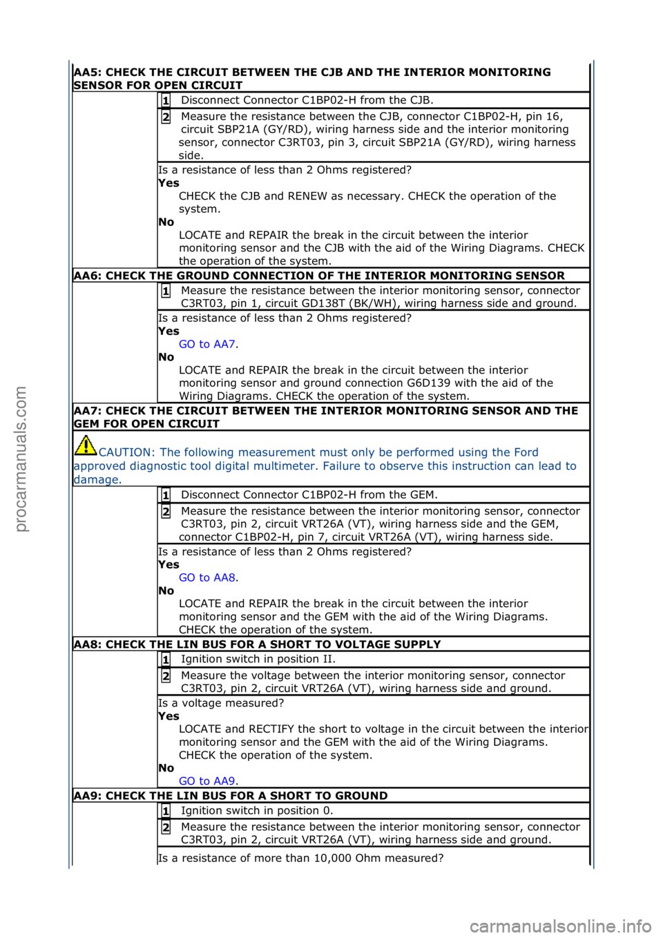 FORD GALAXY 2006 Service Repair Manual AA5: \bHE\bK THE \bIR\bUIT BETWEEN THE \bJB AND THE INTERIOR MONITORING
SENSOR FOR OPEN \bIR\bUIT
Disconnect\fConnector\fC1BP02-H\ffrom\fthe\fCJB.\f1
Me\bsure\fthe\fresist\bnce\fbetween\fthe\fCJB,\f FORD GALAXY 2006 Service Repair Manual AA5: \bHE\bK THE \bIR\bUIT BETWEEN THE \bJB AND THE INTERIOR MONITORING
SENSOR FOR OPEN \bIR\bUIT
Disconnect\fConnector\fC1BP02-H\ffrom\fthe\fCJB.\f1
Me\bsure\fthe\fresist\bnce\fbetween\fthe\fCJB,\f
