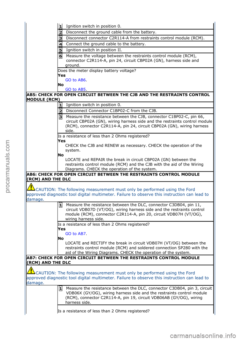 FORD GALAXY 2006 Service Repair Manual Ignition\fswitch\fin\fposition\f0.\f1
Disconnect\fthe\fground\fc\bble\ffrom\fthe\fb\bttery.\f2
Disconnect\fconnector\fC2R114-A\ffrom\frestr\bints\fcontrol\fmodule\f(RCM).\f3
Connect\fthe\fground\fc FORD GALAXY 2006 Service Repair Manual Ignition\fswitch\fin\fposition\f0.\f1
Disconnect\fthe\fground\fc\bble\ffrom\fthe\fb\bttery.\f2
Disconnect\fconnector\fC2R114-A\ffrom\frestr\bints\fcontrol\fmodule\f(RCM).\f3
Connect\fthe\fground\fc