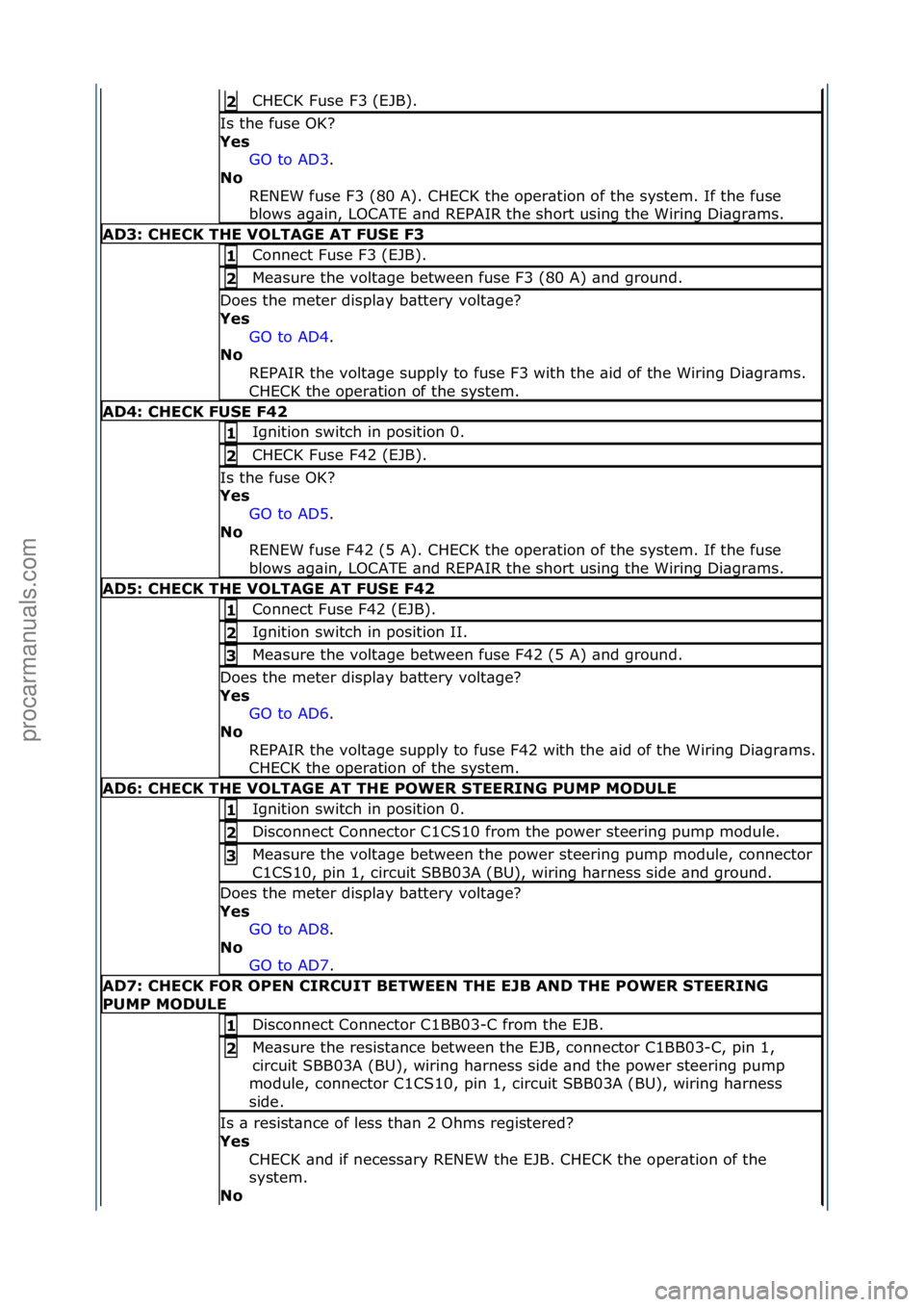 FORD GALAXY 2006 Service Repair Manual CHECK\fFuse\fF3\f(EJB).\f2
Is\fthe\ffuse\fOK?\f
Yes GO\fto\fAD3 .\f\f
No R
ENEW\ffuse\fF3\f(80\fA).\fCHECK\fthe\foper\btion\fof\fthe\fsystem.\fIf\fthe\ffuse\f
blows\f\bg\bin,\fLOCATE\f\bnd\fREPAIR\ FORD GALAXY 2006 Service Repair Manual CHECK\fFuse\fF3\f(EJB).\f2
Is\fthe\ffuse\fOK?\f
Yes GO\fto\fAD3 .\f\f
No R
ENEW\ffuse\fF3\f(80\fA).\fCHECK\fthe\foper\btion\fof\fthe\fsystem.\fIf\fthe\ffuse\f
blows\f\bg\bin,\fLOCATE\f\bnd\fREPAIR\