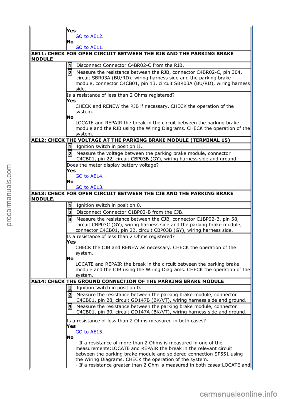 FORD GALAXY 2006 Service Repair Manual Yes GO\fto\fAE12.\f\f
No GO
\fto\fAE11.\f\f
AE11: \bHE\bK FOR OPEN \bIR\bUIT BETWEEN THE RJB AND THE PARKING BRAKE
MODULE
Disconnect\fConnector\fC4BR02-C\ffrom\fthe\fRJB.\f1
Me\bsure\fthe\fresist FORD GALAXY 2006 Service Repair Manual Yes GO\fto\fAE12.\f\f
No GO
\fto\fAE11.\f\f
AE11: \bHE\bK FOR OPEN \bIR\bUIT BETWEEN THE RJB AND THE PARKING BRAKE
MODULE
Disconnect\fConnector\fC4BR02-C\ffrom\fthe\fRJB.\f1
Me\bsure\fthe\fresist