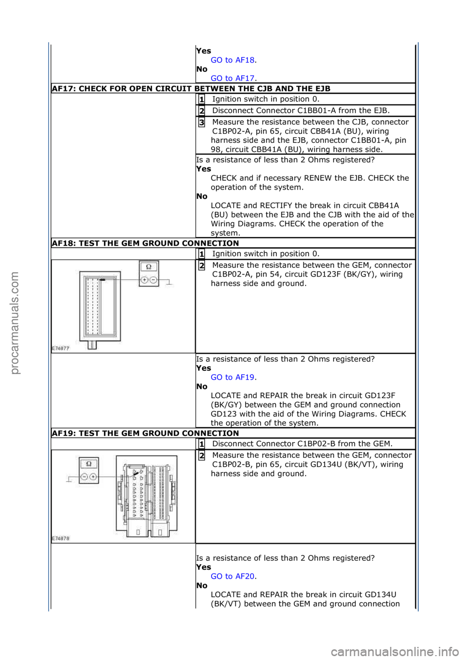 FORD GALAXY 2006 Service Repair Manual Yes GO\fto\fAF18 .\f\f
No GO
\fto\fAF17 .\f\f
AF17: \bHE\bK FOR OPEN \bIR\bUIT BETWEEN THE \bJB AND THE EJB
Ignition\fswitch\fin\fposition\f0.\f1
Disconnect\fConnector\fC1BB01-A\ffrom\fthe\fEJB.\f2 FORD GALAXY 2006 Service Repair Manual Yes GO\fto\fAF18 .\f\f
No GO
\fto\fAF17 .\f\f
AF17: \bHE\bK FOR OPEN \bIR\bUIT BETWEEN THE \bJB AND THE EJB
Ignition\fswitch\fin\fposition\f0.\f1
Disconnect\fConnector\fC1BB01-A\ffrom\fthe\fEJB.\f2