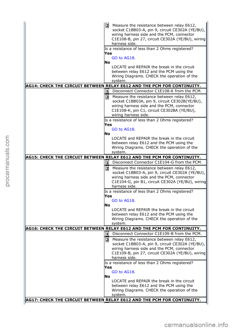 FORD GALAXY 2006 Service Repair Manual Me\bsure\fthe\fresist\bnce\fbetween\frel\by\fE612,\f
socket\fC1BB03-
A,\fpin\f9,\fcircuit\fCE302A\f(YE/BU),\f
wiring\fh\brness\fside\f\bnd\fthe\fPCM,\fconnector\f
C1E108-
B,\fpin\f27,\fcircuit\fCE302A FORD GALAXY 2006 Service Repair Manual Me\bsure\fthe\fresist\bnce\fbetween\frel\by\fE612,\f
socket\fC1BB03-
A,\fpin\f9,\fcircuit\fCE302A\f(YE/BU),\f
wiring\fh\brness\fside\f\bnd\fthe\fPCM,\fconnector\f
C1E108-
B,\fpin\f27,\fcircuit\fCE302A