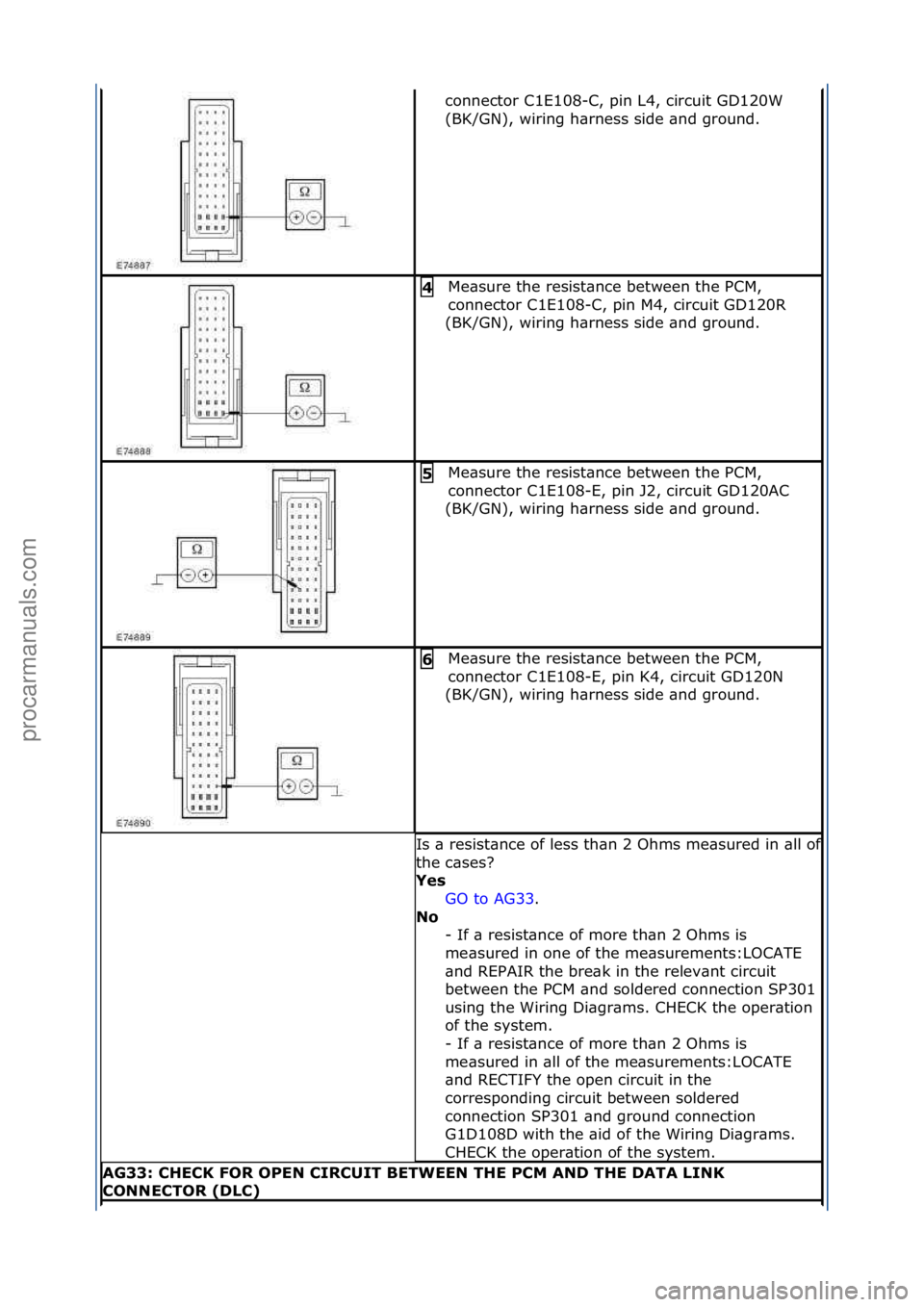 FORD GALAXY 2006 Service Repair Manual connector\fC1E108-C,\fpin\fL4,\fcircuit\fGD120W\f
(BK/GN),\fwiring\fh\brness\fside\f\bnd\fground.\f
Me\bsure\fthe\fresist\bnce\fbetween\fthe\fPCM,\f
connector\fC1E108-C,\fpin\fM4,\fcircuit\fGD120R\f
( FORD GALAXY 2006 Service Repair Manual connector\fC1E108-C,\fpin\fL4,\fcircuit\fGD120W\f
(BK/GN),\fwiring\fh\brness\fside\f\bnd\fground.\f
Me\bsure\fthe\fresist\bnce\fbetween\fthe\fPCM,\f
connector\fC1E108-C,\fpin\fM4,\fcircuit\fGD120R\f
(