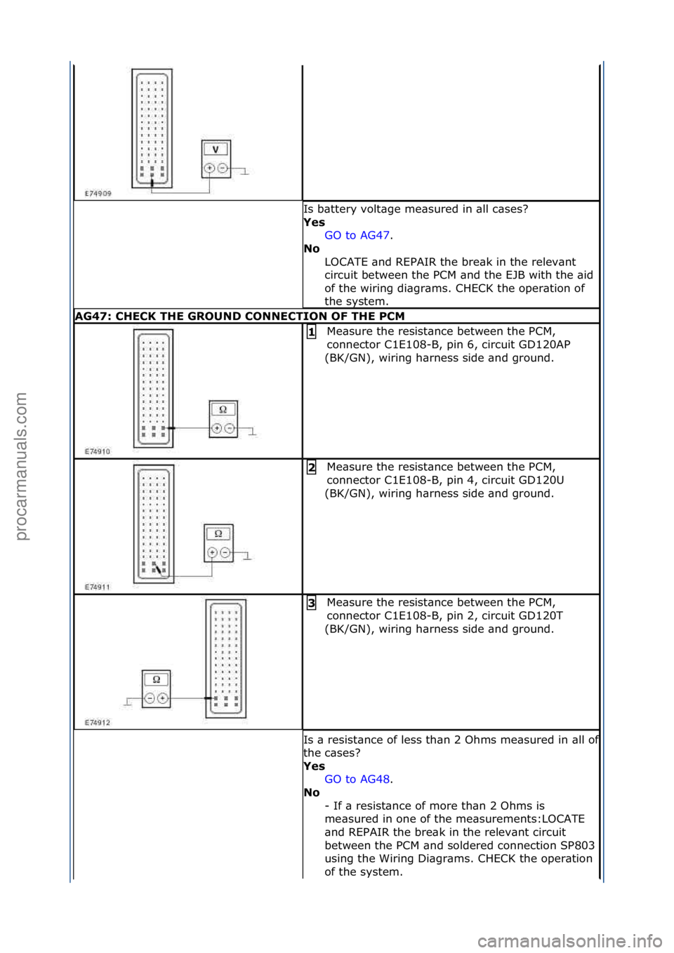 FORD GALAXY 2006 Service Repair Manual Is\fb\bttery\fvolt\bge\fme\bsured\fin\f\bll\fc\bses?\f
Yes GO\fto\fAG47.\f\f
No
L
OCATE\f\bnd\fREPAIR\fthe\fbre\bk\fin\fthe\frelev\bnt\f
circuit\fbetween\fthe\fPCM\f\bnd\fthe\fEJB\fwith\fthe\f\bid\f FORD GALAXY 2006 Service Repair Manual Is\fb\bttery\fvolt\bge\fme\bsured\fin\f\bll\fc\bses?\f
Yes GO\fto\fAG47.\f\f
No
L
OCATE\f\bnd\fREPAIR\fthe\fbre\bk\fin\fthe\frelev\bnt\f
circuit\fbetween\fthe\fPCM\f\bnd\fthe\fEJB\fwith\fthe\f\bid\f