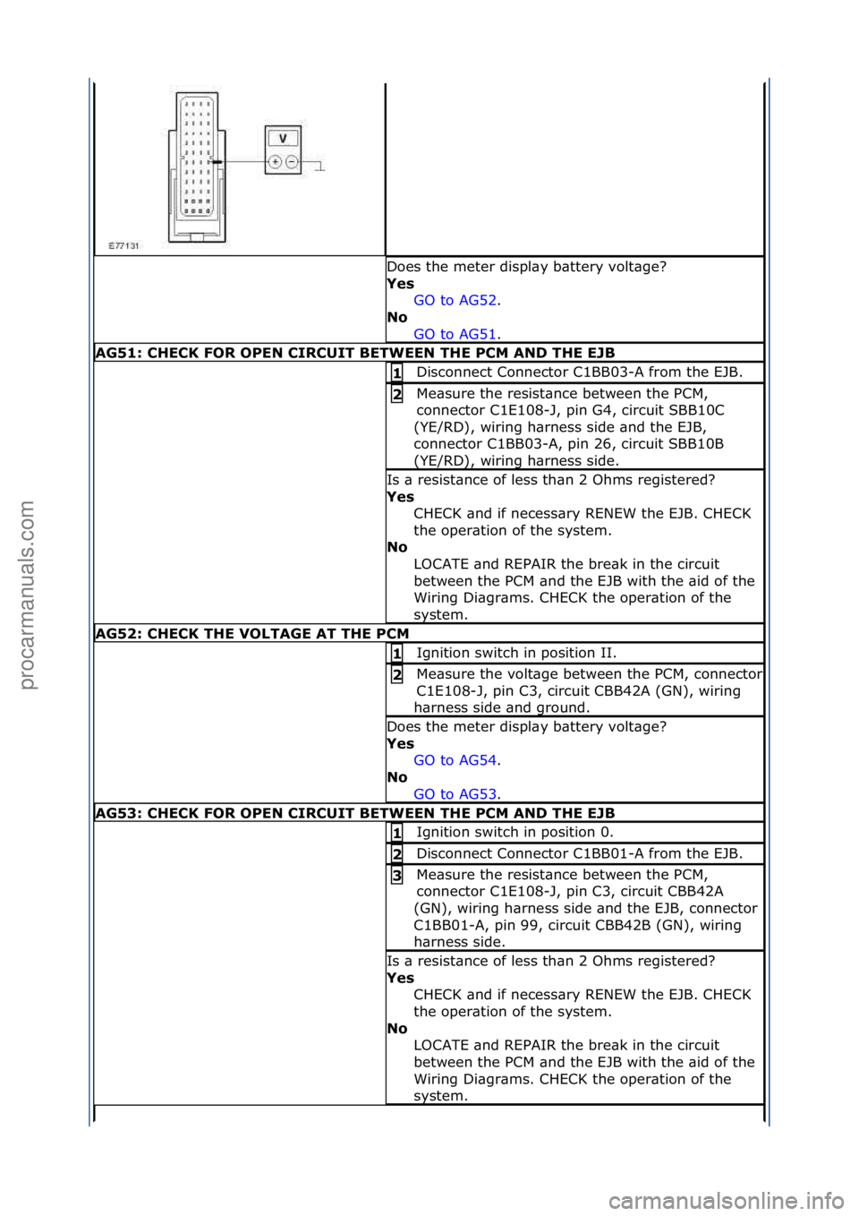 FORD GALAXY 2006 Service Repair Manual Does\fthe\fmeter\fdispl\by\fb\bttery\fvolt\bge?\f
Yes GO\fto\fAG52.\f\f
No
GO
\fto\fAG51.\f\f
AG51: \bHE\bK FOR OPEN \bIR\bUIT BETWEEN THE P\bM AND THE EJB
Disconnect\fConnector\fC1BB03-A\ffrom\fthe FORD GALAXY 2006 Service Repair Manual Does\fthe\fmeter\fdispl\by\fb\bttery\fvolt\bge?\f
Yes GO\fto\fAG52.\f\f
No
GO
\fto\fAG51.\f\f
AG51: \bHE\bK FOR OPEN \bIR\bUIT BETWEEN THE P\bM AND THE EJB
Disconnect\fConnector\fC1BB03-A\ffrom\fthe