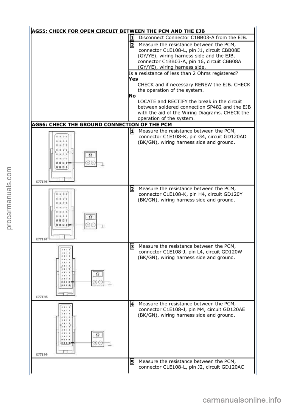 FORD GALAXY 2006 Service Repair Manual AG55: \bHE\bK FOR OPEN \bIR\bUIT BETWEEN THE P\bM AND THE EJB
Disconnect\fConnector\fC1BB03-A\ffrom\fthe\fEJB.\f1
Me\bsure\fthe\fresist\bnce\fbetween\fthe\fPCM,\f
connector\fC1E108-L,\fpin\fJ1,\fcirc FORD GALAXY 2006 Service Repair Manual AG55: \bHE\bK FOR OPEN \bIR\bUIT BETWEEN THE P\bM AND THE EJB
Disconnect\fConnector\fC1BB03-A\ffrom\fthe\fEJB.\f1
Me\bsure\fthe\fresist\bnce\fbetween\fthe\fPCM,\f
connector\fC1E108-L,\fpin\fJ1,\fcirc