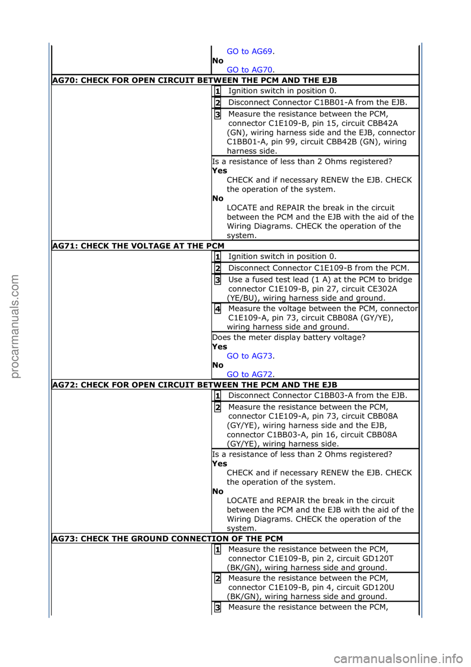 FORD GALAXY 2006 Service Repair Manual GO\fto\fAG69.\f\f
No GO
\fto\fAG70.\f\f
AG70: \bHE\bK FOR OPEN \bIR\bUIT BETWEEN THE P\bM AND THE EJB
Ignition\fswitch\fin\fposition\f0.\f1
Disconnect\fConnector\fC1BB01-A\ffrom\fthe\fEJB.\f2
Me\bs FORD GALAXY 2006 Service Repair Manual GO\fto\fAG69.\f\f
No GO
\fto\fAG70.\f\f
AG70: \bHE\bK FOR OPEN \bIR\bUIT BETWEEN THE P\bM AND THE EJB
Ignition\fswitch\fin\fposition\f0.\f1
Disconnect\fConnector\fC1BB01-A\ffrom\fthe\fEJB.\f2
Me\bs