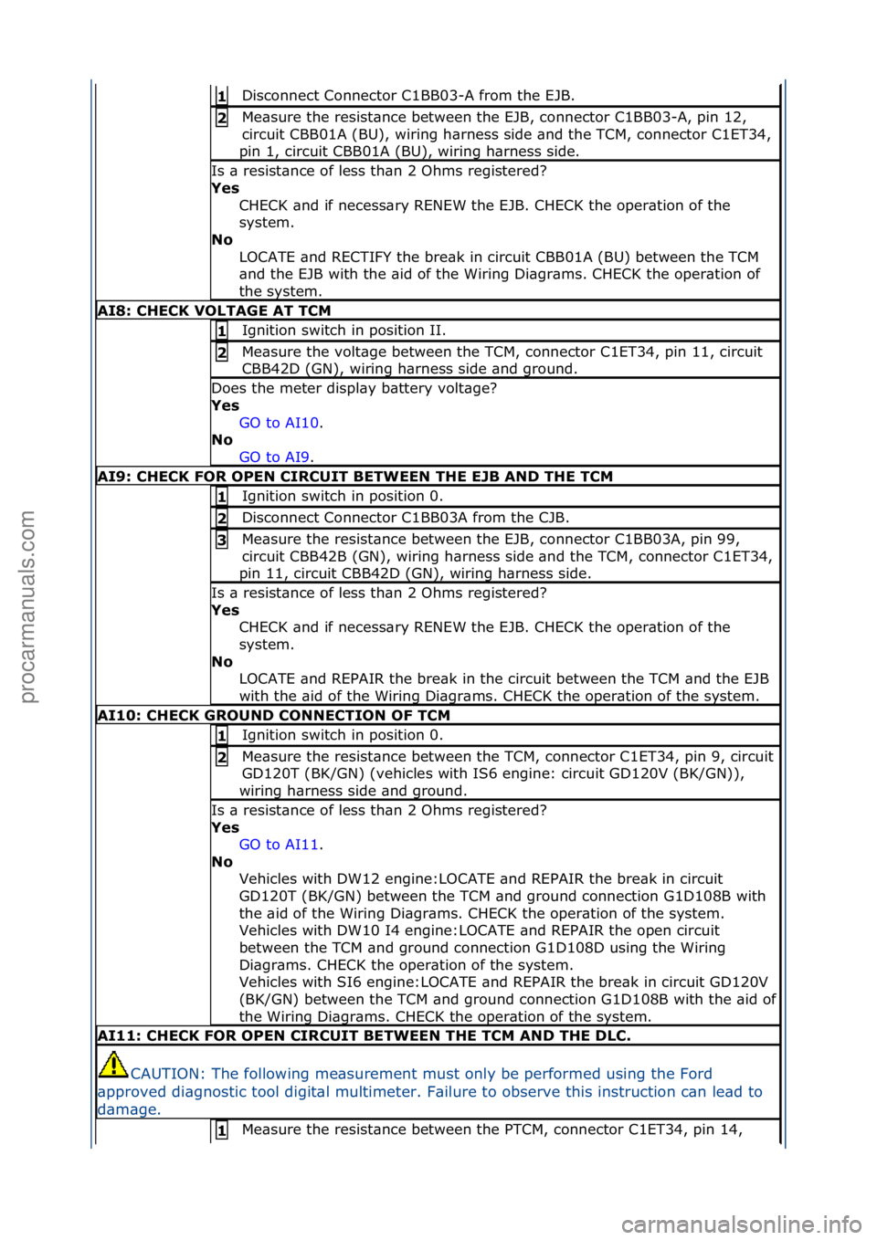FORD GALAXY 2006 Service Repair Manual Disconnect\fConnector\fC1BB03-A\ffrom\fthe\fEJB.\f1
Me\bsure\fthe\fresist\bnce\fbetween\fthe\fEJB,\fconnector\fC1BB03-A,\fpin\f12,\f
circuit\fCBB01A\f(BU),\fwiring\fh\brness\fside\f\bnd\fthe\fTCM,\fc FORD GALAXY 2006 Service Repair Manual Disconnect\fConnector\fC1BB03-A\ffrom\fthe\fEJB.\f1
Me\bsure\fthe\fresist\bnce\fbetween\fthe\fEJB,\fconnector\fC1BB03-A,\fpin\f12,\f
circuit\fCBB01A\f(BU),\fwiring\fh\brness\fside\f\bnd\fthe\fTCM,\fc
