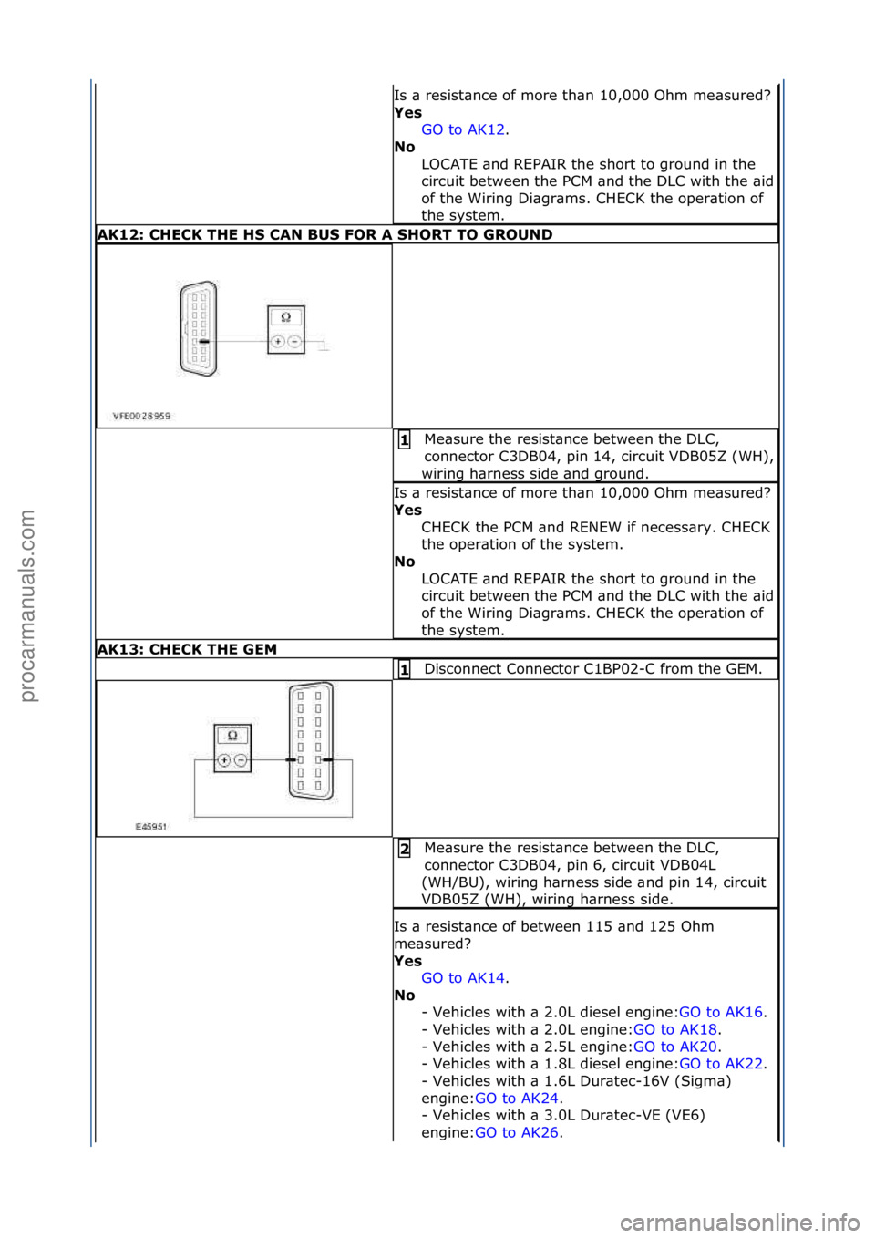 FORD GALAXY 2006  Service Repair Manual Is\f\b\fresist\bnce\fof\fmore\fth\bn\f10,000\fOhm\fme\bsured?\f
Yes GO\fto\fAK12.\f\f
No 
L

OCATE\f\bnd\fREPAIR\fthe\fshort\fto\fground\fin\fthe\f
circuit\fbetween\fthe\fPCM\f\bnd\fthe\fDLC\fwith\fth
