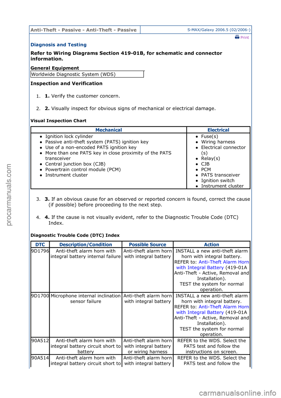 FORD GALAXY 2006  Service Repair Manual Anti-Th\bft - P\fssiv\b - Anti-Th\bft - P\fssiv\bS-MAX/G\bl\bxy\f2006.5\f(02/2006-)\fPrint \f
Di\fgnosis \fnd T\bsting 
R\bf\br to Wiring Di\fgr\fms S\bction 419-01B, for sch\bm\ftic \fnd conn\bctor 
