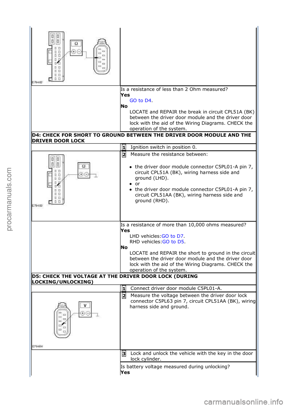 FORD GALAXY 2006 Service Repair Manual Is\f\b\fresist\bnce\fof\fless\fth\bn\f2\fOhm\fme\bsured?\f
Y\fs GO\fto\fD4.\f\f
No
LOCATE\f\bnd\fREPAIR\fthe\fbre\bk\fin\fcircuit\fCPL51A\f(BK)\f
between\fthe\fdriver\fdoor\fmodule\f\bnd\fthe\fdriver FORD GALAXY 2006 Service Repair Manual Is\f\b\fresist\bnce\fof\fless\fth\bn\f2\fOhm\fme\bsured?\f
Y\fs GO\fto\fD4.\f\f
No
LOCATE\f\bnd\fREPAIR\fthe\fbre\bk\fin\fcircuit\fCPL51A\f(BK)\f
between\fthe\fdriver\fdoor\fmodule\f\bnd\fthe\fdriver