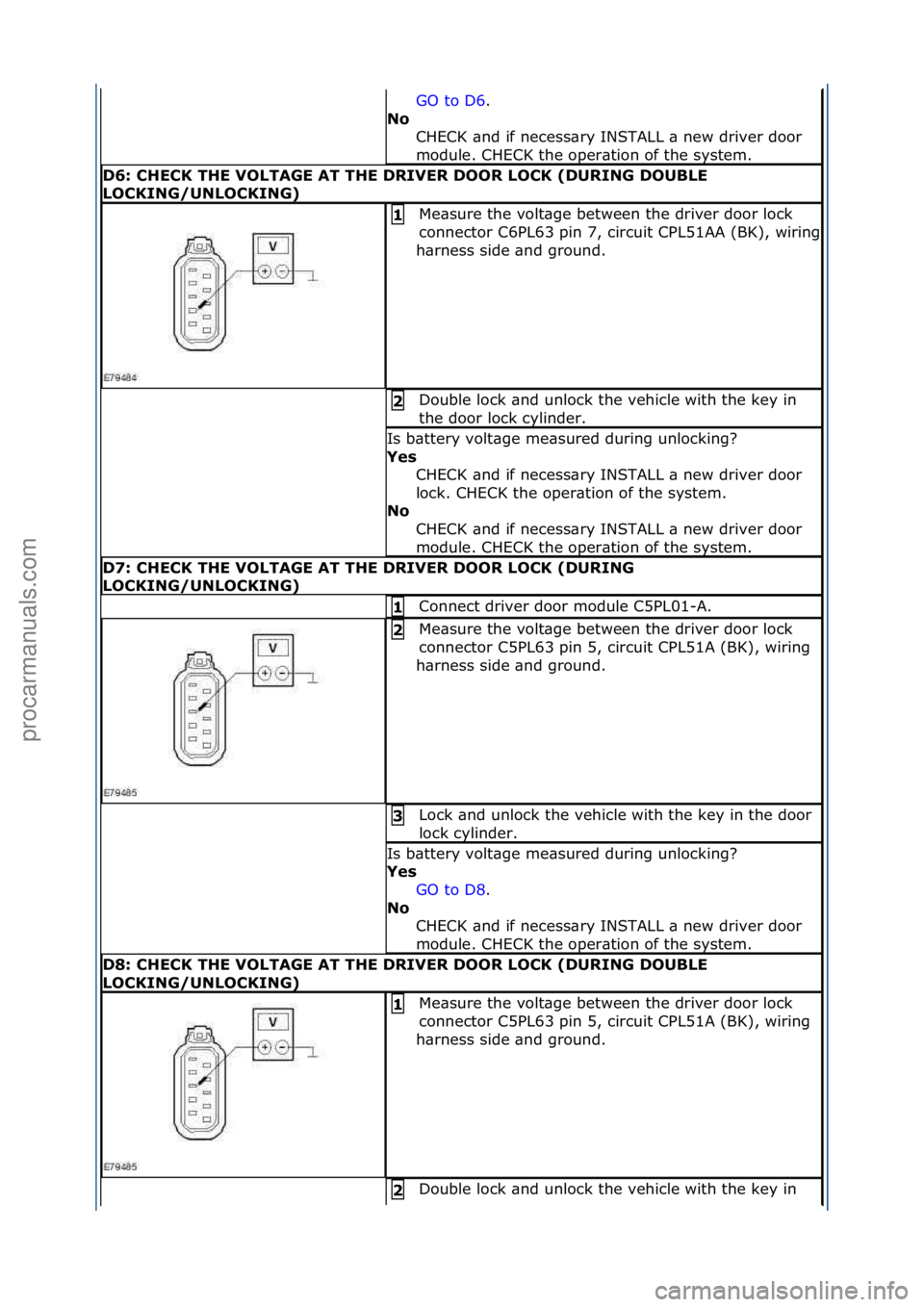 FORD GALAXY 2006 Service Repair Manual GO\fto\fD6.\f\f
No C
HECK\f\bnd\fif\fnecess\bry\fINSTALL\f\b\fnew\fdriver\fdoor\f
module.\fCHECK\fthe\foper\btion\fof\fthe\fsystem.\f
D6: CHECK THE VOLTAGE AT THE DRIVER DOOR LOCK (DURING DOUBLE
LOC FORD GALAXY 2006 Service Repair Manual GO\fto\fD6.\f\f
No C
HECK\f\bnd\fif\fnecess\bry\fINSTALL\f\b\fnew\fdriver\fdoor\f
module.\fCHECK\fthe\foper\btion\fof\fthe\fsystem.\f
D6: CHECK THE VOLTAGE AT THE DRIVER DOOR LOCK (DURING DOUBLE
LOC