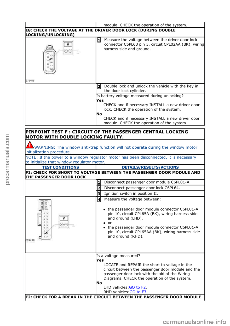 FORD GALAXY 2006 Service Repair Manual module.\fCHECK\fthe\foper\btion\fof\fthe\fsystem.\f
E8: CHECK THE VOLTAGE AT THE DRIVER DOOR LOCK (DURING DOUBLE
LOCKING/UNLOCKING)
Me\bsure\fthe\fvolt\bge\fbetween\fthe\fdriver\fdoor\flock\f
connect FORD GALAXY 2006 Service Repair Manual module.\fCHECK\fthe\foper\btion\fof\fthe\fsystem.\f
E8: CHECK THE VOLTAGE AT THE DRIVER DOOR LOCK (DURING DOUBLE
LOCKING/UNLOCKING)
Me\bsure\fthe\fvolt\bge\fbetween\fthe\fdriver\fdoor\flock\f
connect