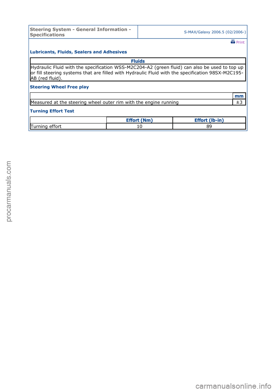 FORD GALAXY 2006  Service Repair Manual Steering\bSystem\b\f\bGeneral\bInformation\b\f\b
SpecificationsS-MAX/G\bl\bxy\f2006.5\f(02/2006-)\fPrint \f
Lubricants,\bFluids,\bSealers\band\bAdhesives\b
Steering\bWheel\bFree\bplay\b
Turning\bEffor