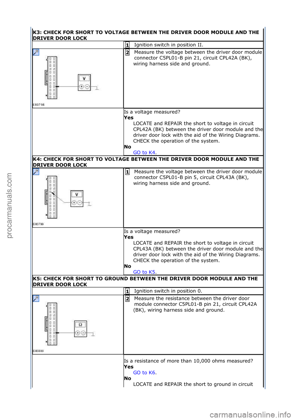 FORD GALAXY 2006 Service Repair Manual K3: CHECK FOR SHORT TO VOLTAGE BETWEEN THE DRIVER DOOR MODULE AND THE
DRIVER DOOR LOCK
Ignition\fswitch\fin\fposition\fII.\f1
Me\bsure\fthe\fvolt\bge\fbetween\fthe\fdriver\fdoor\fmodule\f
connector\ FORD GALAXY 2006 Service Repair Manual K3: CHECK FOR SHORT TO VOLTAGE BETWEEN THE DRIVER DOOR MODULE AND THE
DRIVER DOOR LOCK
Ignition\fswitch\fin\fposition\fII.\f1
Me\bsure\fthe\fvolt\bge\fbetween\fthe\fdriver\fdoor\fmodule\f
connector\