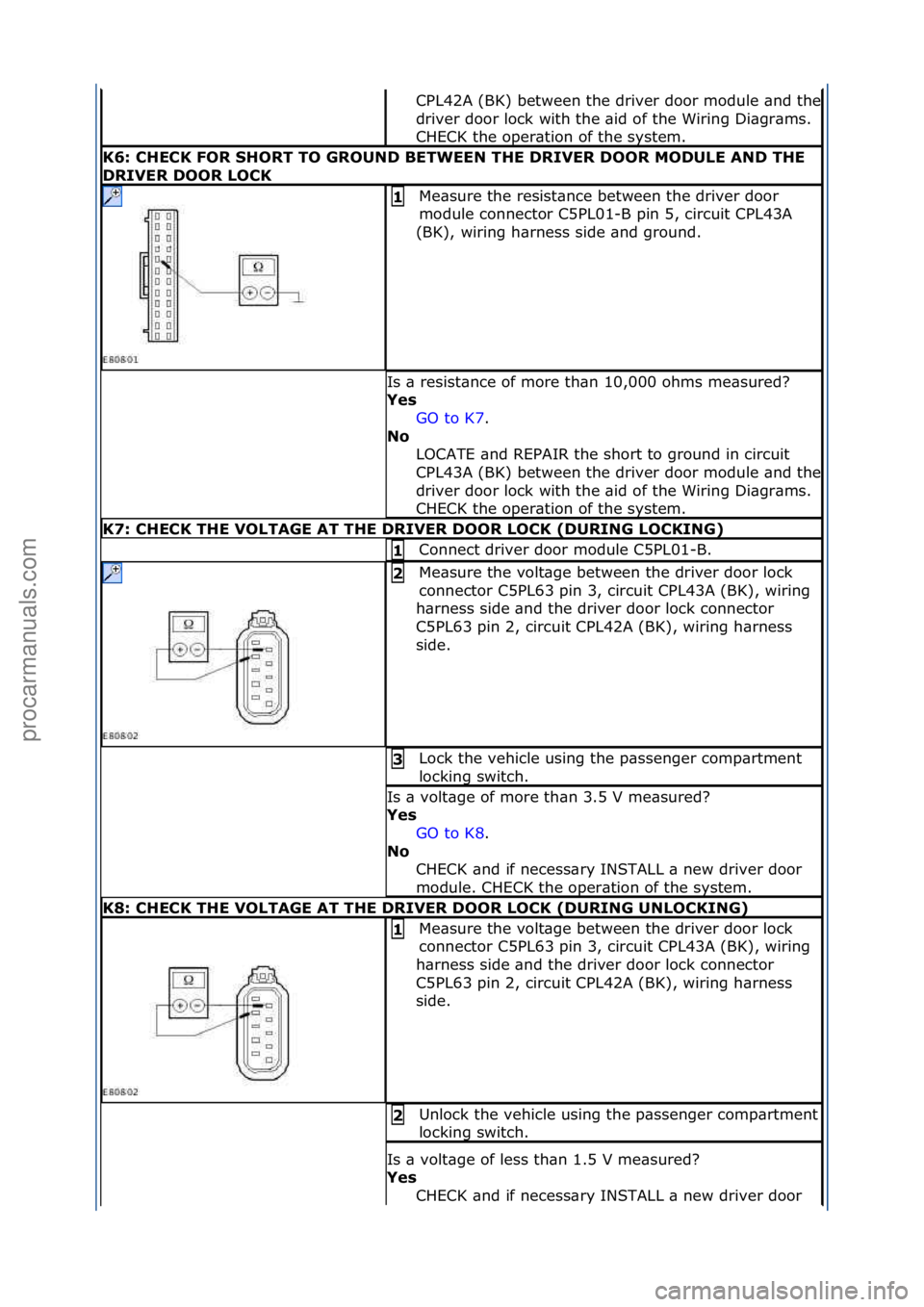 FORD GALAXY 2006 Service Repair Manual CPL42A\f(BK)\fbetween\fthe\fdriver\fdoor\fmodule\f\bnd\fthe\f
driver\fdoor\flock\fwith\fthe\f\bid\fof\fthe\fWiring\fDi\bgr\bms.\f
CHECK\fthe\foper\btion\fof\fthe\fsystem.\f
K6: CHECK FOR SHORT TO GROU FORD GALAXY 2006 Service Repair Manual CPL42A\f(BK)\fbetween\fthe\fdriver\fdoor\fmodule\f\bnd\fthe\f
driver\fdoor\flock\fwith\fthe\f\bid\fof\fthe\fWiring\fDi\bgr\bms.\f
CHECK\fthe\foper\btion\fof\fthe\fsystem.\f
K6: CHECK FOR SHORT TO GROU