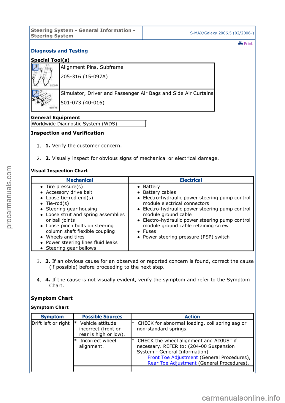 FORD GALAXY 2006  Service Repair Manual Steering\bSystem\b\f\bGeneral\bInformation\b\f\b
Steering\bSystemS-MAX/G\bl\bxy\f2006.5\f(02/2006-)\fPrint \f
Diagnosis\band\bTesting\b
Special\bTool(s)\b
Gen

eral\bEquipment\b
Inspection\band\bVerif