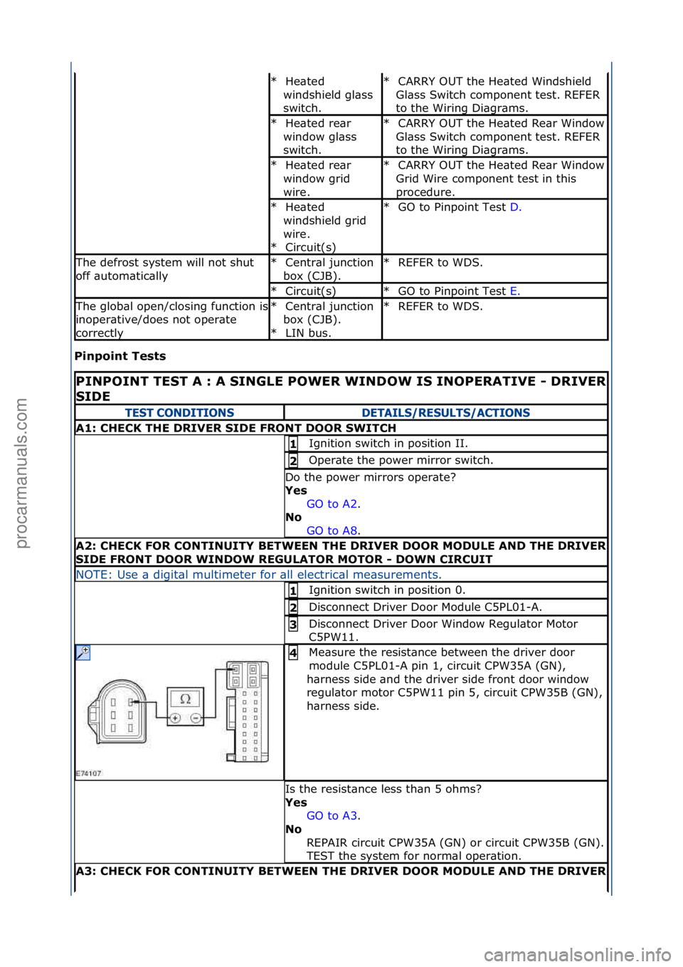 FORD GALAXY 2006  Service Repair Manual Pinpoint Tests 
He\bted\f
windshield\fgl\bss\f
switch.\f
*CARRY\fOUT\fthe\fHe\bted\fWindshield\f
Gl\bss\fSwitch\fcomponent\ftest.\fREFER\f
to\fthe\fWiring\fDi\bgr\bms.\f
*
He\bted\fre\br\f
window\fgl\