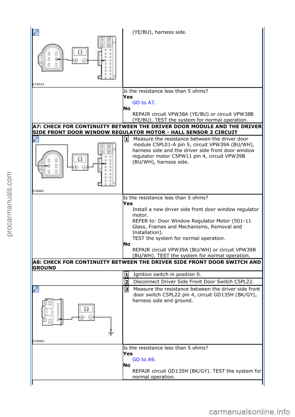 FORD GALAXY 2006  Service Repair Manual (YE/BU),\fh\brness\fside.\f
Is\fthe\fresist\bnce\fless\fth\bn\f5\fohms?\f
Yes GO\fto\fA7.\f\f
No  R

EPAIR\fcircuit\fVPW38A\f(YE/BU)\for\fcircuit\fVPW38B\f
(YE/BU).\fTEST\fthe\fsystem\ffor\fnorm\bl\fo