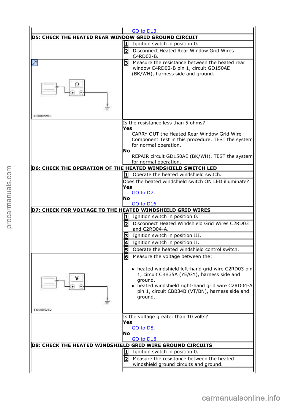 FORD GALAXY 2006 Service Repair Manual GO\fto\fD13.\f\f
D5: CHECK THE HEATED REAR WINDOW GRID GROUND CIRCUIT
Ignition\fswitch\fin\fposition\f0.\f1
Disconnect\fHe\bted\fRe\br\fWindow\fGrid\fWires\f
C4RD02-B.\f2
Me\bsure\fthe\fresist\bnce\ FORD GALAXY 2006 Service Repair Manual GO\fto\fD13.\f\f
D5: CHECK THE HEATED REAR WINDOW GRID GROUND CIRCUIT
Ignition\fswitch\fin\fposition\f0.\f1
Disconnect\fHe\bted\fRe\br\fWindow\fGrid\fWires\f
C4RD02-B.\f2
Me\bsure\fthe\fresist\bnce\